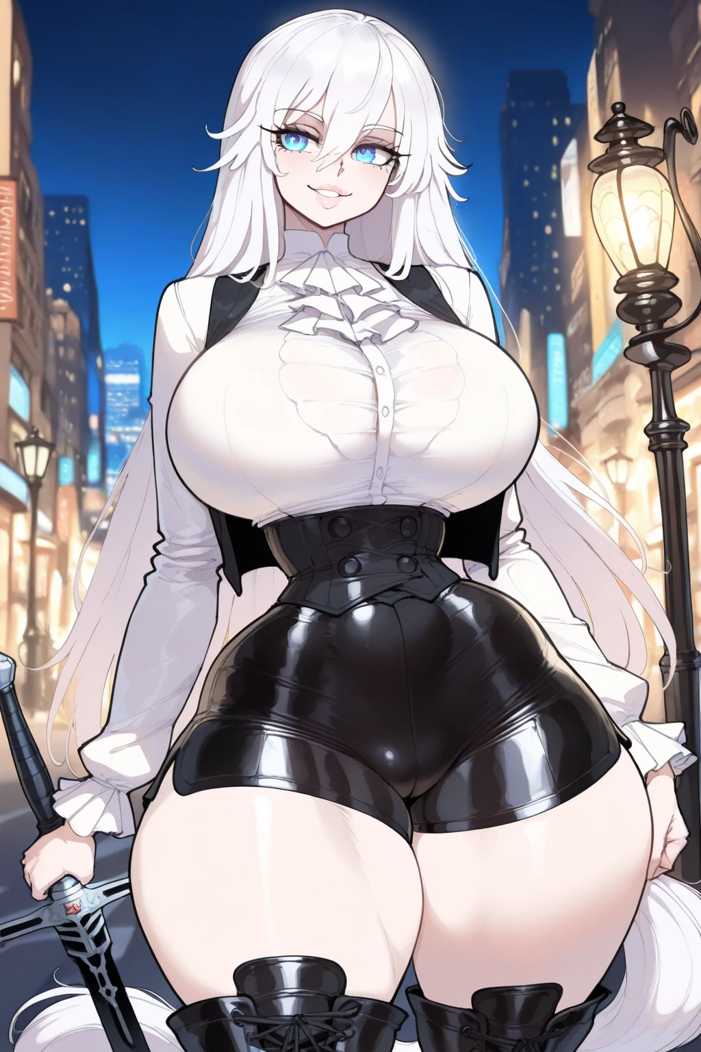 Lovely,Pure white skin,White hair,abdomen,Big breasts,girl,White belly-baring dress,Black jeans