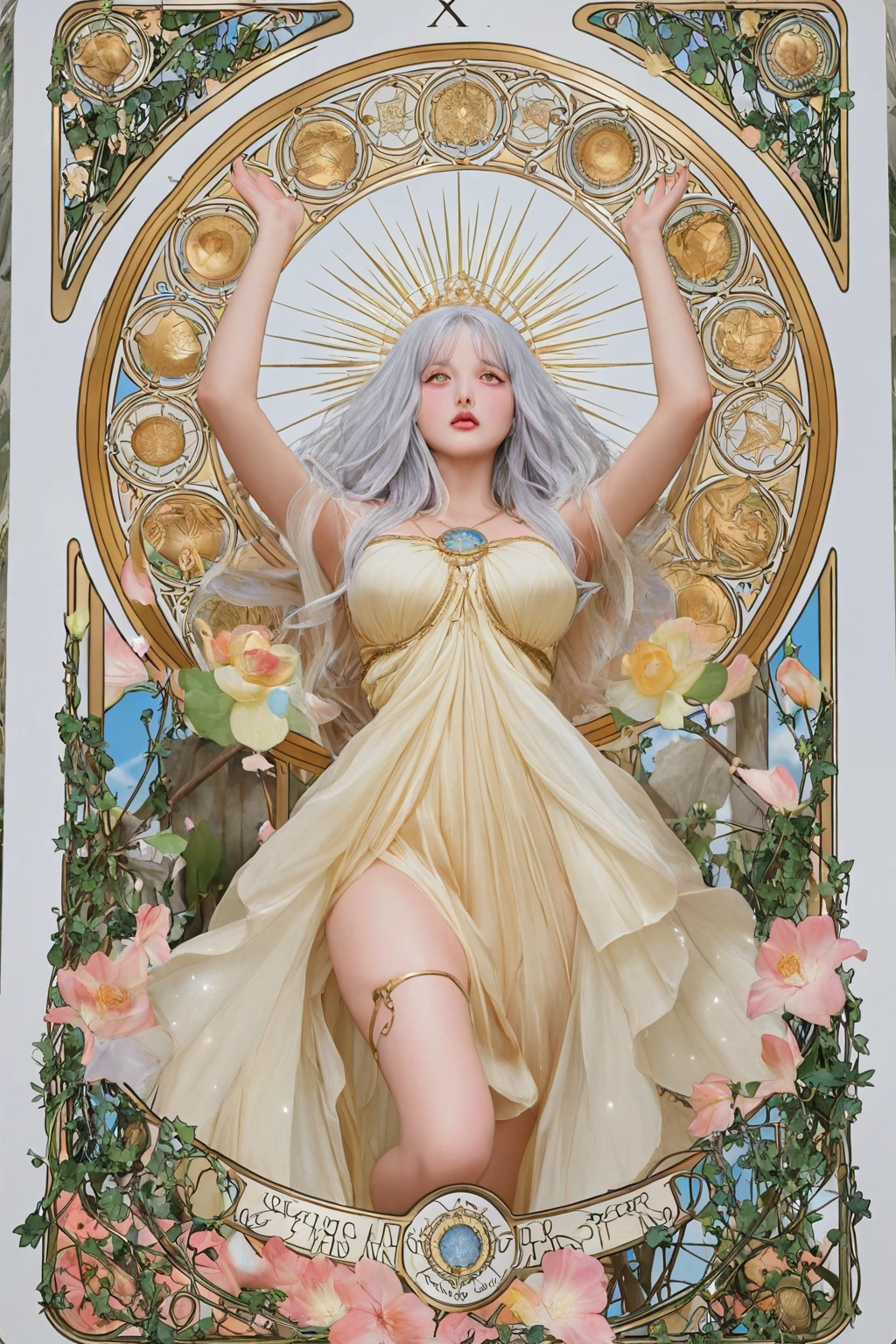 In a very grand scene,The extra-large wide-angle lens captures the appearance of a female centaur。She is a Sunflower Worship nun。She is tall,It has the ultimate curvy beauty,The muscles are slender and firm,Beautiful lines。She has(Super huge sky blue eyes:99.99),Always with sexy glasses。(She wears solemn nun attire:9.9),Stepping on a boot-style skyscraper-heel,A pink cross hangs from his chest。(In front of her is the world's only knitted sunflower potted plant with a super healing smile:99.99),This is the icon of God woven from high-grade yarn。Use Midjourney's advanced tools,Design noble and solemn nun costumes for female centaurs,and highlight her unique physiological characteristics and appearance details,Add realism。And in the context of her prayers and listening to confessions,Spectacular views of nature,Such as the sky where storms and sunny days alternate、Brilliant rivers of stars and auroras、The snow-capped summit of Mount Everest、Fireworks in the mountain town, etc。ao mesmo tempo,Away from the hustle and bustle next to the chapel,Create a fantastic scene。Use Midjourney's advanced tools and multiple color palettes、Brush Strokes、Texture tools and model packages,It shows a sense of atmosphere where beauty and charm coexist。The charm of the female centaur is highlighted through color and lines,Enhance realism with detailing,Create a surreal dreamy feeling。Additionally,Use Midjourney's tools to add various exorcism props and books to the female centaur、pergaminhos,Create intricate hairstyles and outfits,Give her a sense of premium。She never flinches,No matter what monster you encounter,can respond quickly,Even the most extreme armies of natural disasters and monsters could not stop her and her front(The only sunflower in the picture with the Tyndall effect exuding sunlight:999.9)。Use Midjourney's powerful tools,You can do it with incredible detail and beauty,Bring this ultra-grand and beautiful scene to life。Ultra-grand scenes,super wide shot, hdr,(真实感,Masterpiec