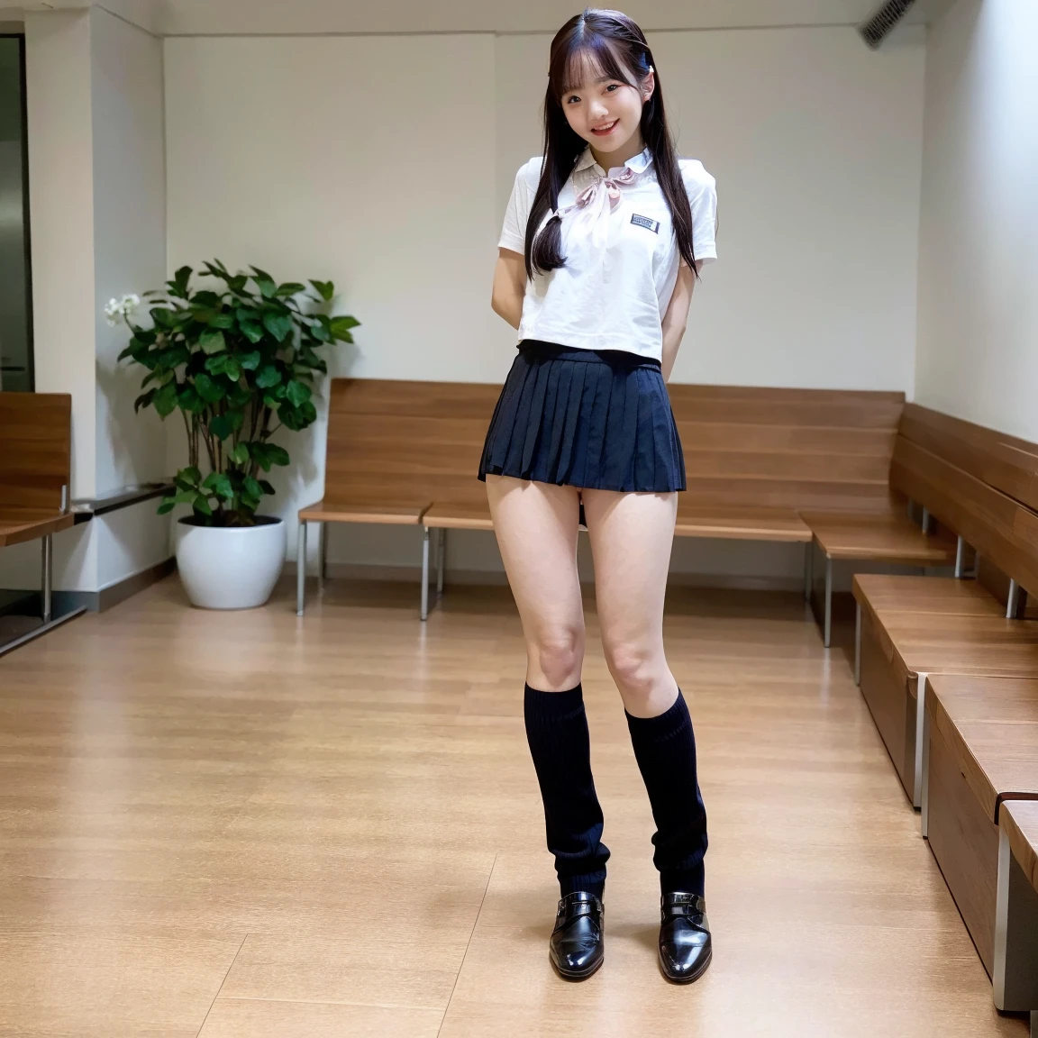 There is a woman sitting at a desk, a hyperrealistic schoolgirl, a hyperrealistic schoolgirl, smile on face, [ photo realisstic ]!!, of a schoolgirl posing, Cute Schoolgirl, japanese girl school uniform,