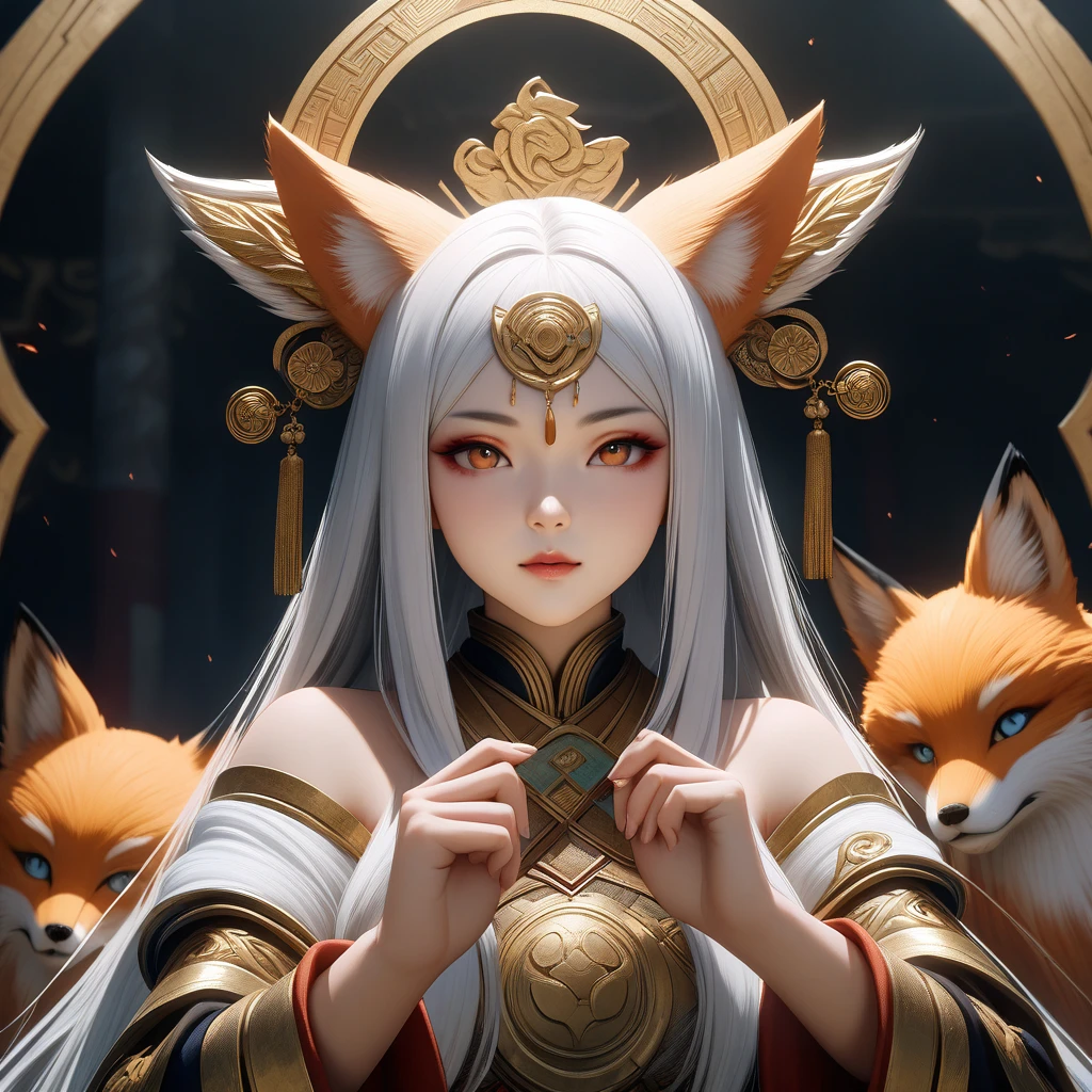 Anthropomorphic feminine kitsune enchantress. Official Art – An Award-Winning Digital Masterpiece In 4K Ultra HD, Extreme Detail And Intricate Realism. Symmetrical Face. This Concept Art Brought To Life By The Hands Of Artists Like Wlop & Artgerm In A Stunning 2D Vector Illustration. Background Is A Panoramic Vista.