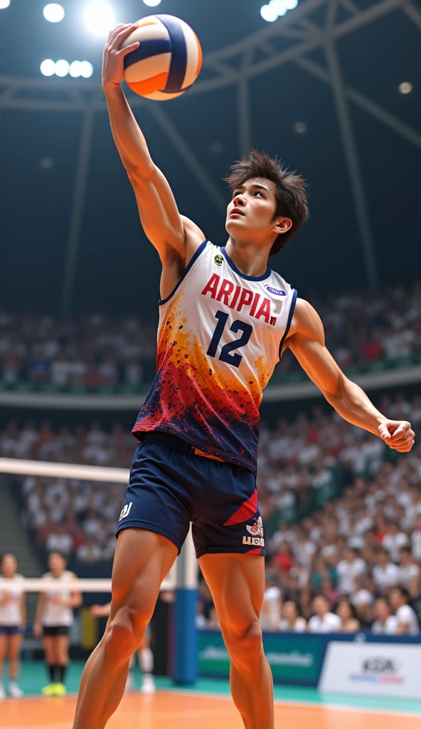 Jimin from the BTS group wearing a volleyball uniform as a setter with the ball held high