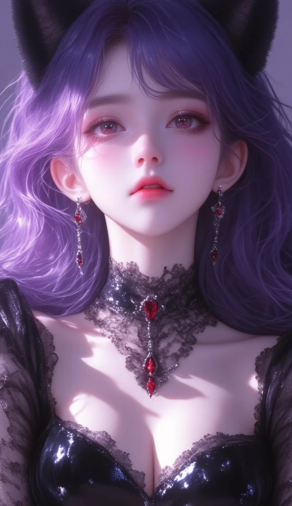 A beautiful and sexy 20-year-old girl, wearing an ultra-thin red dress, a diamond-embellished dress, ((long platinum hair:1.6)), bangs, elaborate jewelry made from precious stones, and beautiful hair, ((wearing a purple lace necklace:1.6))), the aristocratic and aristocratic style of the girl is extremely beautiful, the small face is super cute, the face is very pretty, the eyebrows are thin, the flawless beautiful face, ((black eye pupils: 0.8)), very beautiful eyes, ((light red eyes: 1.5)), beautiful makeup and detailed eyelashes, steamy eye makeup , high nose, earrings, red lips, ((closed mouth: 1;5 )) beautiful lips, slim hands, most beautiful thighs, ((arms spread out to the sides: 1.5)), rosy face, clean face , flawless beautiful face, smooth white skin, (big breasts: 1.5)), ((high breasts: 1.6)), Plump breasts, nice cleavage, ((big and super round breasts: 1.8))), ((super tight breasts: 1.5)) , beautiful breasts, back arms, beautiful girl's upper body, 8k photo, super high quality, super realistic, 10x super pixel, optical, dark studio, light border, two-tone light, (high detail skin:1.2), super 8k, soft light, high quality, volumetric lighting, realistic, Photo, high resolution, lighting, best photo, 4k quality, 8k, effects blur, Smooth and sharp, 10 x pixels, (galaxy: 1.7), aurora, lightning, surreal graphics, most realistic graphics, alone, solo, Extremely sharp, surreal images, ( ((frontal portrait:1.3)))."