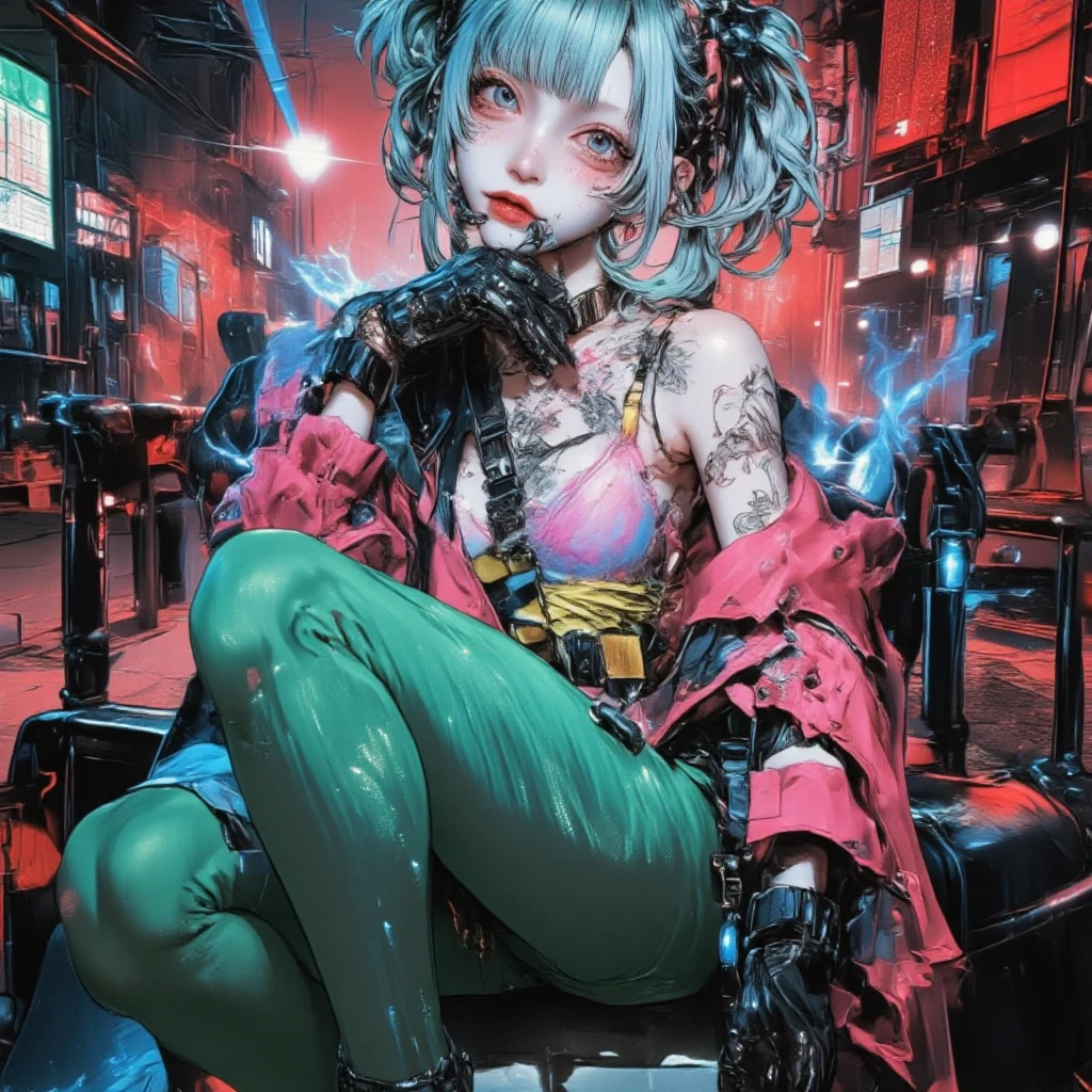 Workwear jumpsuit、Costume with glowing linesを着た女性, cyber punk, Punk Rock, Mosh Pit, (Highest quality,4K,8K,High resolution,masterpiece:1.2),Live Stage、Costume with glowing lines、Large sunglasses,Punkish hairstyle、Full body portrait