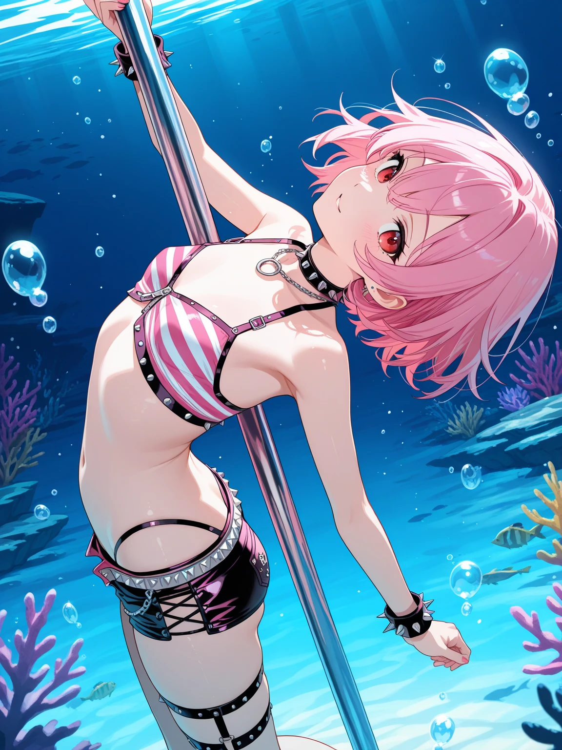 (Perfect body),Best Quality,(8K Portrait),(Official art)、((NSFW))、((((Lori))))、((((Short stature))))、embarrassed from、1girl in,((((:D))))、((Wavy mouth))、Surprised、One eye is closed、(blush),(Sweat),(((flat chest)))、(thick thighs)、(big butts)、Pink hair、((Short hair))、((Wavy Hair))、White Cat Mimi、Light blue striped bikini、Pink tie、((Feline Pose))、Cat gloves、 White knee socks、(yellow  eyes)、Cowboy Shot、the beach、((spreading legs))、((Lying on the beach))