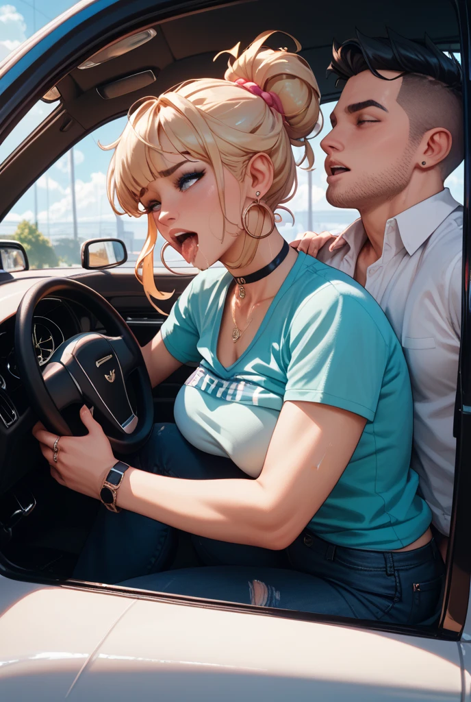 1girl, light blonde hair, one big ponytail, side fluffy hair, choker, makeup, black eyeliner, black eyeshadow, black eyelashes, naked, closed eyes, 1boy, penis in mouth, oral sex, kneeling, inside the car, desert, cum on face, ruined makeup