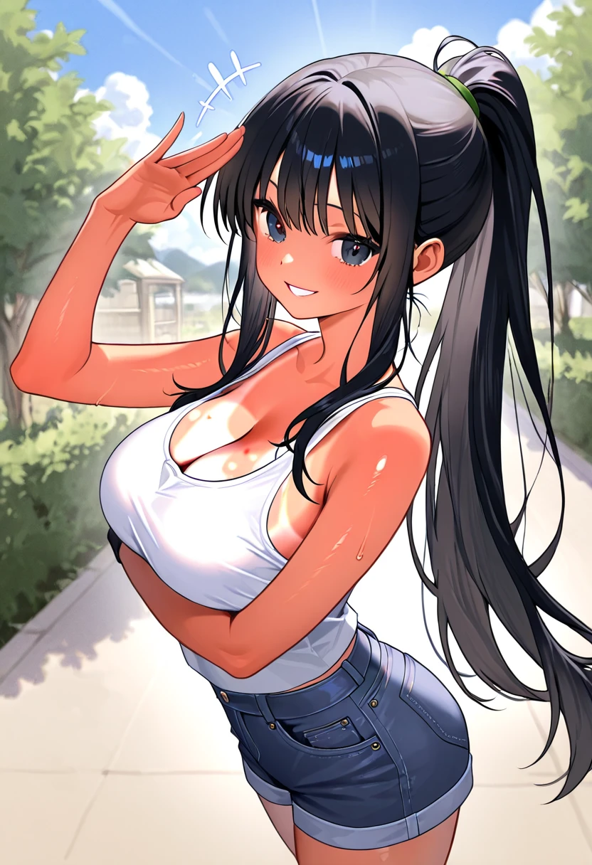 (masterpiece, best quality: 1.2), cowboy shot, solo, 1girl, yaoyorozu momo, anime screencap, city, long hair, black hair, gray eyes, looking at the viewer, lustful, closed mouth, ass, wide hips, short shirt, short shorts, unbuttoned shorts, erotica, back