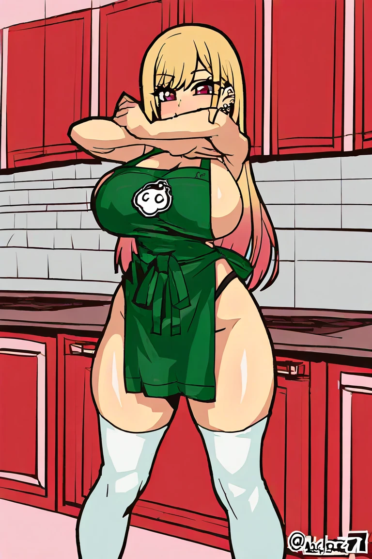 1girl, mount lady, boku no hero academia \\\\\ masterpiece, best quality, very aesthetic, absurdres, newest \\\\\\ sportive body,  \\\\\\  by dodok, nyantcha, cutesexyrobutts, by khyle ///// blonde, purple eyes,   , 24 years old,kitchen, wearing only apron, big tits, naked
