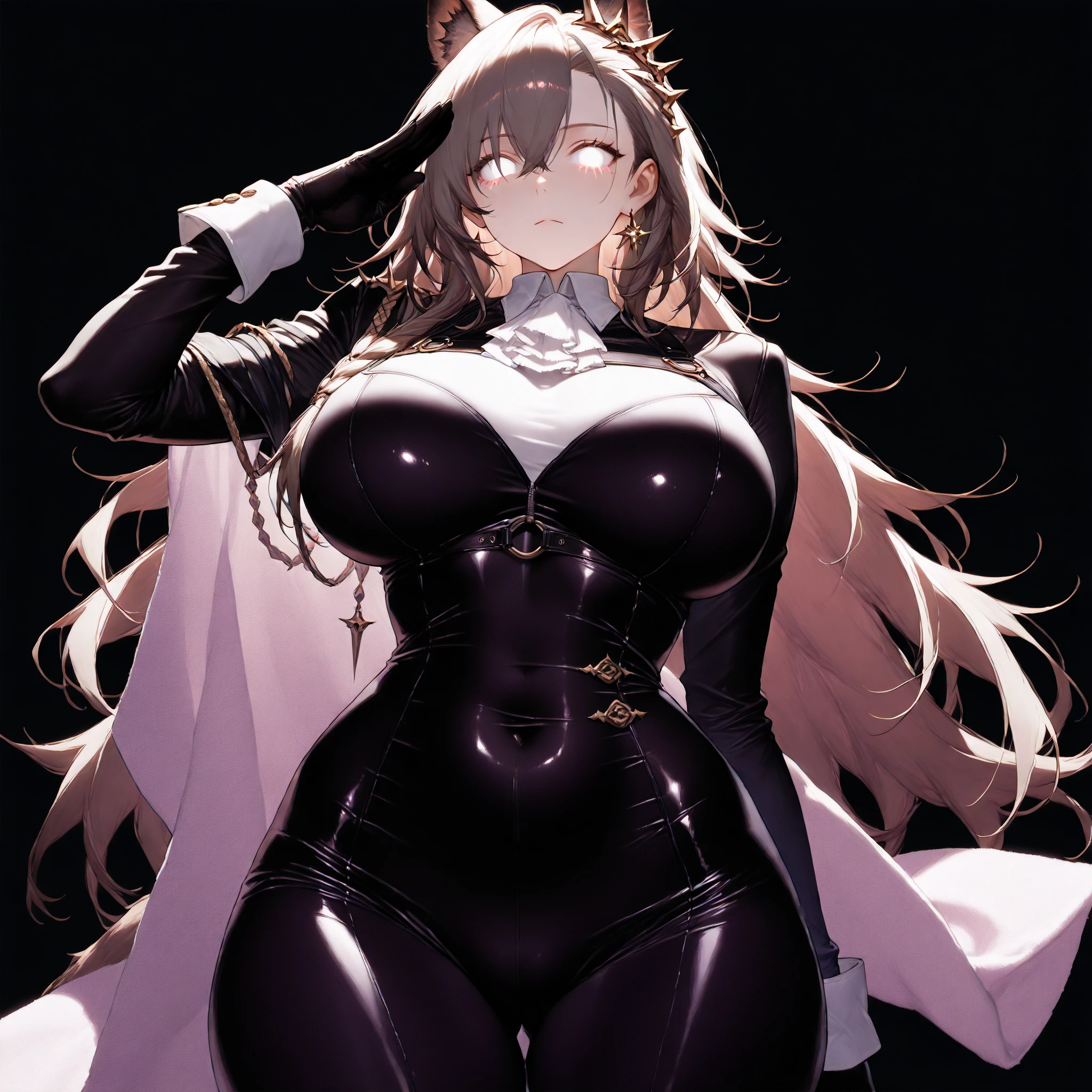 masterpiece,bestquality,highlydetailed,ultra-detailed){black hair} (long whitr hair)(Lateral hair)(Shawl hair)(hair straight),(glasses),(Yellow eyes),(black coat),(black tights),(fleshy feeling),(fleshy legs),(excited expression),(Exciting movements),(Be red in the face),(love heart)