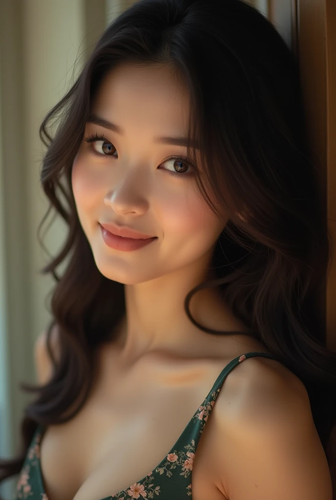 naked Korean female of with smoky eye makeup smiles wearing romper with plunging neckline