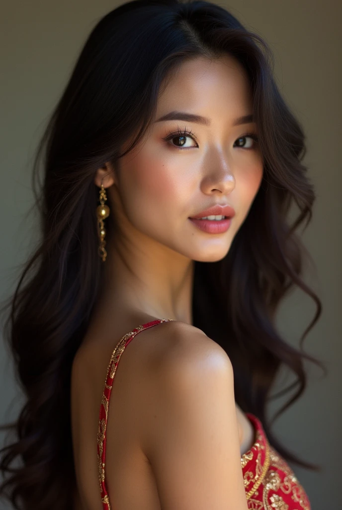 beautiful elegant woman, holding Indonesian flag, female focus, black hair, evening dress, portrait, white background