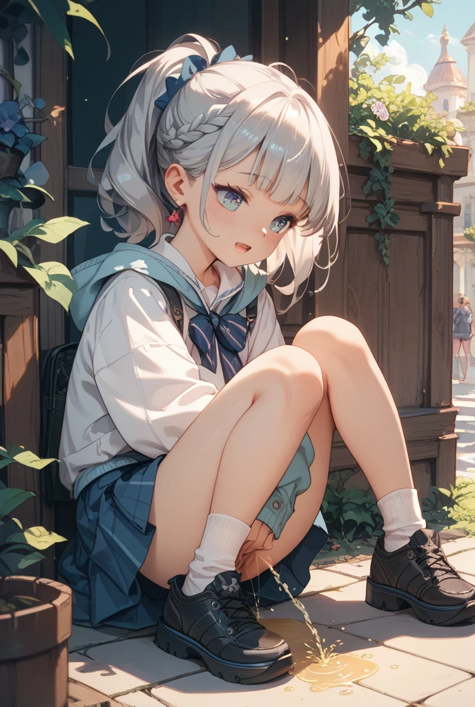 {(japanese hight school girl)}, (white and light blue striped pantie with  ribbon:1.3), High School Student Uniform, Ribbon, Blazer, Plaid Pleated Skirt:1.2, ニーソックス:1.2, camel toe:1.2, (Squat and pee pose:1.2, open legs:1.5), front view:1.5, 
 multilayer textureperfect proportions, octane rendering, duotone lighting, Low ISO, wide aperture, White balance, Rule of thirds, ultra HD16k, HDR (High Dynamic Range), Ray Tracing, NVIDIA RTX, Super Resolution, Subsurface Scattering, PBR Texturing, Post Processing, Anisotropic Filtering, Depth of Field, Maximum Clarity and Clarity, High efficiency subpixel, subpixel convolution, particles of light, light scattered, Tyndall effect, full body:1.5, ,  cute, (cute:1.2), (bob cut:1.3),三つ編み, 黒髪, 太い眉毛, 薄い色の虹彩, 大きくて輝いている黒い瞳, 長いまつげ, 小さく薄い色の自然な唇, (Average face of Japanese idols), (日本人特有の童顔:1.3), (baby face), 広いおでこ:1.2, ふっくらした頬, 小さな顎,  looking up:1.5, looking at viewer,Focus on the eyes,with sleek and menacing design, (完璧な4本の指, 親指1本),