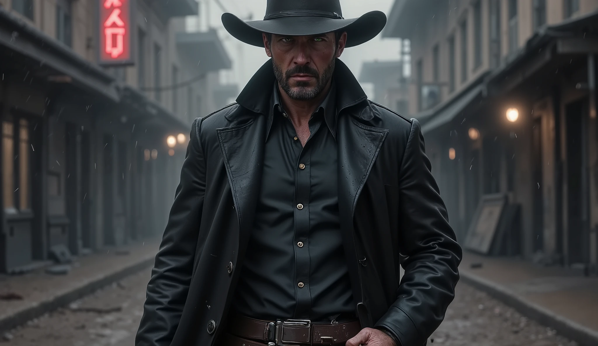 ultra-realistic cinematic mid-shot of Jack Crowley walking slowly down the foggy main street of the City of the Dead, rain-soaked muddy ground reflecting faint neon lights, his face serious and focused, with minimal visible scars, green-gray eyes fixed forward under a shadowed black wide-brim hat, his long dark coat drenched and swaying with each deliberate step, one hand swinging naturally, the other resting firmly on the grip of a holstered revolver, thumb lightly touching the strap as if ready to draw, both hands are normal, no mechanical parts, heavy fog crawls along the street edges, decayed buildings and shattered windows around him, flickering red neon signs cut through the mist, crows fly low overhead, atmosphere tense, cinematic, and charged with silent menace, 16:9 format, gothic western dystopia