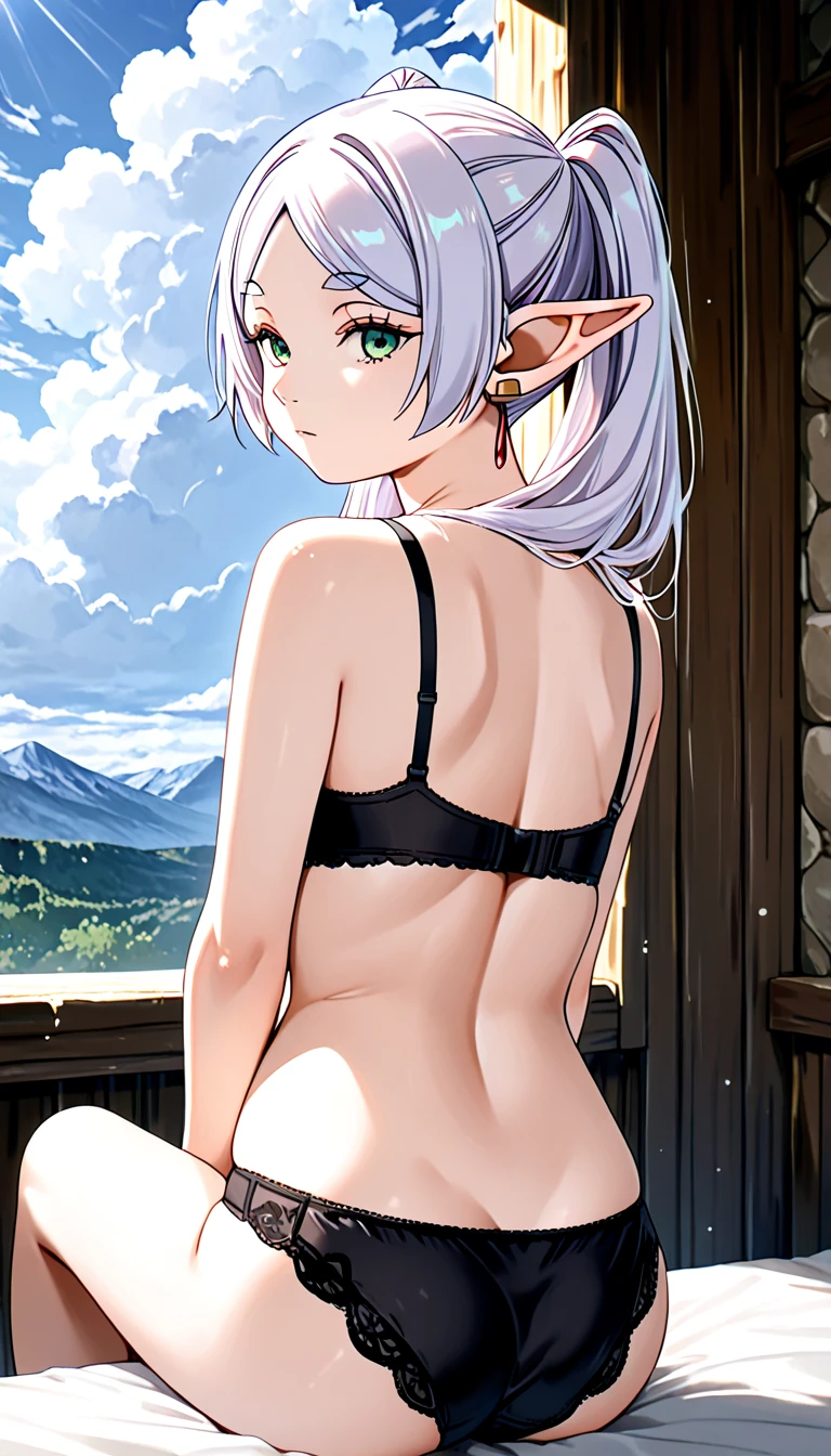 BREAK looking at viewer, BREAK (masterpiece:1.2), best quality, high resolution, unity 8k wallpaper, (illustration:0.8), (beautiful detailed eyes:1.6), extremely detailed face, perfect lighting, extremely detailed CG, (perfect hands, perfect anatomy),onsen,hot springs,night,outdoor,night,grey hair, side ponytail, (purple eyes:1.1),frieren, long hair, twintails, (green eyes:1.5), grey hair, pointy ears, elf, jewelry,small breast,yukata,kimano,lingerie,sexy lingerie,luxury lingerie,cleavege,neckline,naked shoulders,see through nipples,sitting,spread legs,