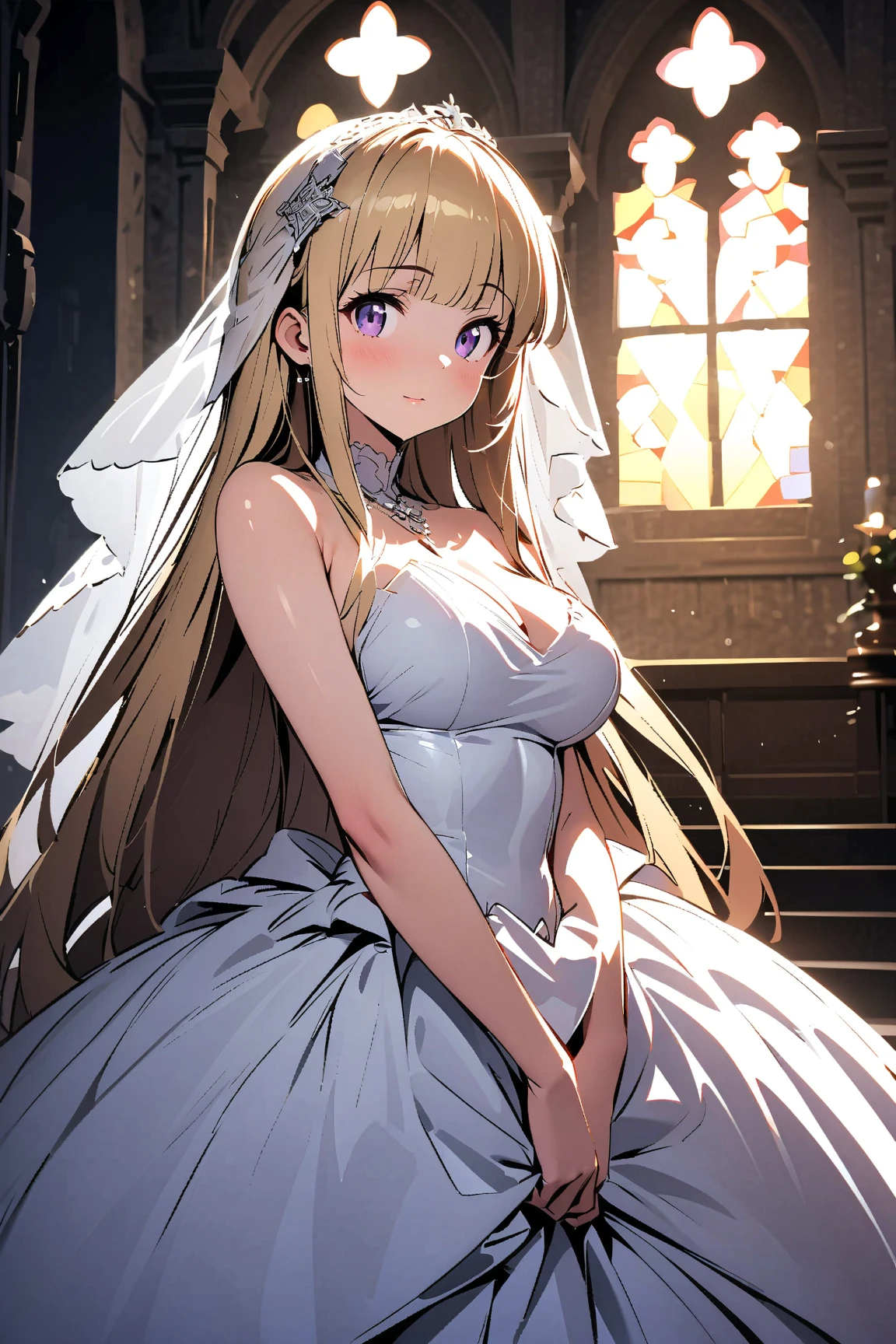 ((Highest quality)), ((masterpiece)), (detailed), （Perfect Face）、The woman is Tiare, has green eyes, medium-long blonde hair, and is wearing an engagement ring.、The woman is wearing a gorgeous, dazzlingly jeweled wedding dress, a wedding veil, a gorgeously jeweled wedding head dress chain, gorgeous jeweled earrings, and other gorgeous, dazzling accessories, and is in a church with a gorgeous red carpet laid out.