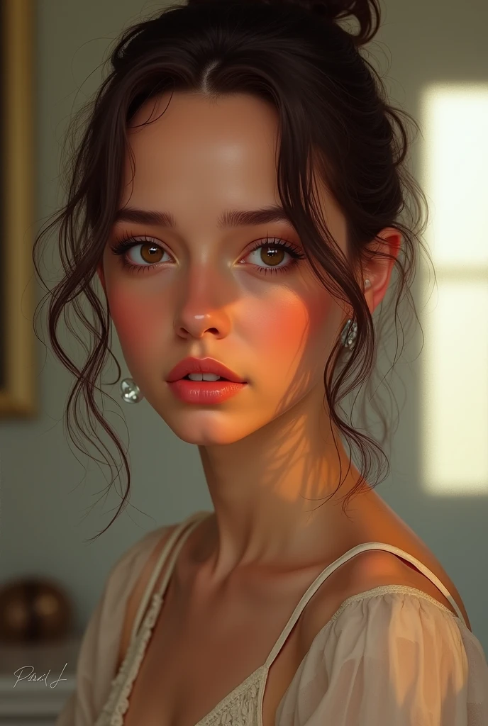 (((ultra realist))) photoshot, ​masterpiece, top quality, (pale skin), (ultra-detailed face and eyes:1.3), 1 girl, adult, im T-Shirt, (Eye make up, mask) , ((size, Detailed Lips)), ((ashy wavy hair)), ((Chyolka)) , (Natural breasts), Slender waist. ((posing)), photoshot-Shooting, studio (Soft lighting), (The play of light and shadow), depth of field, bokeh, (special attention to skin details: 1.2), Detailed leather structure, Hautporen. (Airy atmosphere of the frame. Colour palette - delicate, bright, White, Pink tones), DR, ((film grain)), ((Rays)), ((Glare from the sun)), ((Waist up portrait, close to the camera)) , ultra detailed, 