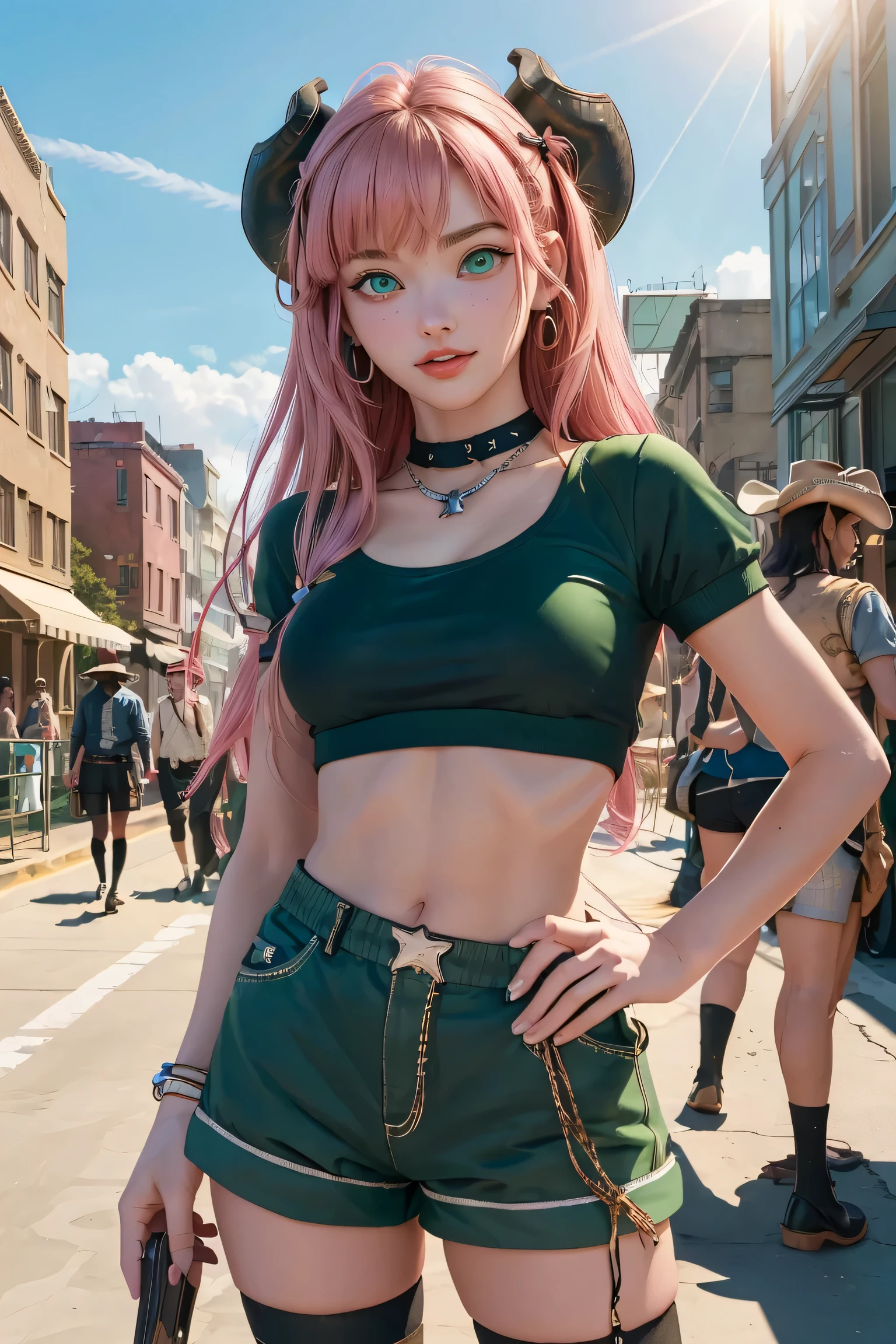 nicoledemara, nicole demara, (green eyes:1.5), pink hair, hair ornament, hair ribbon, hairclip, long hair, mole, mole on breast, mole on thigh, mole under eye, two side up, ribbon, smirk, smile, open mouth,
BREAK black footwear, black ribbon, black shorts, black socks, black thighhighs, boots, cleavage, crop top, earrings, jewelry, kneehighs, nail polish, necklace, o-ring, short shorts, shorts, single kneehigh, single sock, single thighhigh, socks, thigh strap, thighhighs, torn clothes, two side up,
BREAK outdoors, city, sky, clouds, sun, buildings, crowd, people, alley,
BREAK looking at viewer, (cowboy shot:1.5),
BREAK (masterpiece:1.2), best quality, high resolution, unity 8k wallpaper, (illustration:0.8), (beautiful detailed eyes:1.6), extremely detailed face, perfect lighting, extremely detailed CG, (perfect hands, perfect ???????),