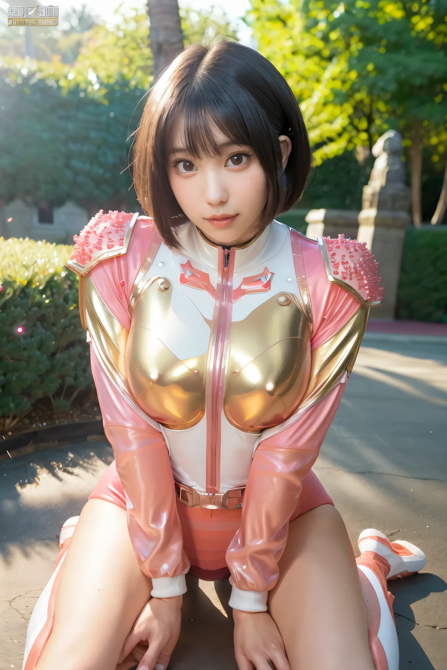 (highest quality、8k、Masseter muscle area、Delicate illustrations、髪を濡and othersす、standing:1.2、Upper body:1.1、A beautiful and attractive 25-year-old Japanese woman、Hot pink and white metallic hero suit、Futuristic fit:1.3) 、(とてもふっくand othersとした体:1.2、Super huge boobs:1.4)、Smile at your audience、Black-haired、and others