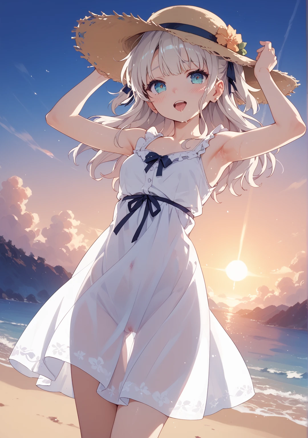 index, index, (green eyes:1.5), silver hair, long hair, (flat chest:1.2),straw hat,白色ロングskirt一体型ワンピース,barefoot,skirt,naked neck,bare clavicle,bare shoulders,bare arms,happy smile, smile, open your mouth,beachのsandy beachを散歩しながら、Silver hair fluttering in the breeze, sunset,evening,The sun is setting,
break looking at viewer, Upper body, whole body,(cowboy shot:1. 5)
break indoors, beach,sandy beach,
break (masterpiece:1.2), highest quality, High resolution, unity 8k wallpaper, (figure:0.8), (detailed and beautiful eyes:1.6), highly detailed face, perfect lighting, Very detailed CG, (perfect hands, perfect anatomy),