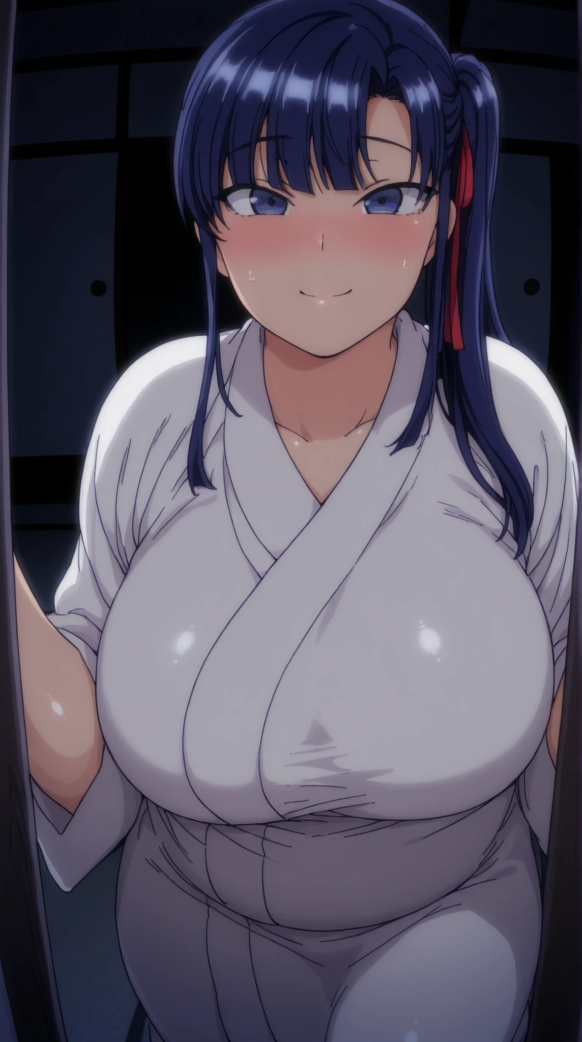 [anime styled],[official art],Tomomi_saikyou,black hair,Short hair,Hair Ribbon,classroom,NSFW,1girl in,(Portrait),close up,short torso,Perfect Lighting,nude,topless,(nipples),,anime screen cap,Flat color,cel shading,smile,, (underwear:1.2), (strong light)、((brighten the subject)),blush,oily skin,curby:1.2,(blue striped panties),sexy pose