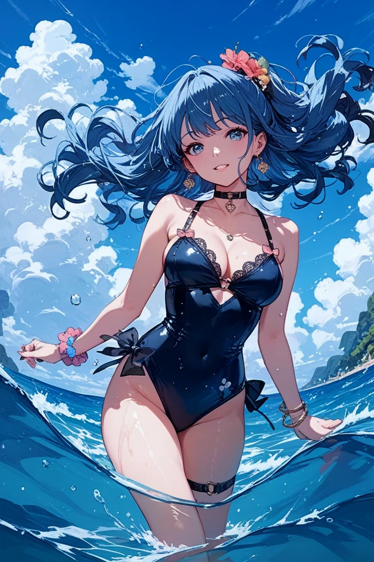 Depict a girl celebrating the opening of the ocean while feeling the summer breeze on the sparkling beach in high quality. She stands by the sea with a happy smile, dressed in a bright swimsuit and holds a colorful float in her hand. Make sure every detail is clearly depicted, from her hair and splashes to the smallest details of the beach. The sea is a highly transparent blue, and the expression of the waves should be more realistic. In the distance, you can see a yacht shining in the sunshine, and the summer sunlight envelops the whole place. This landscape is full of fun and freedom, and I would like a wonderful illustration that makes you feel the joy of opening the sea.