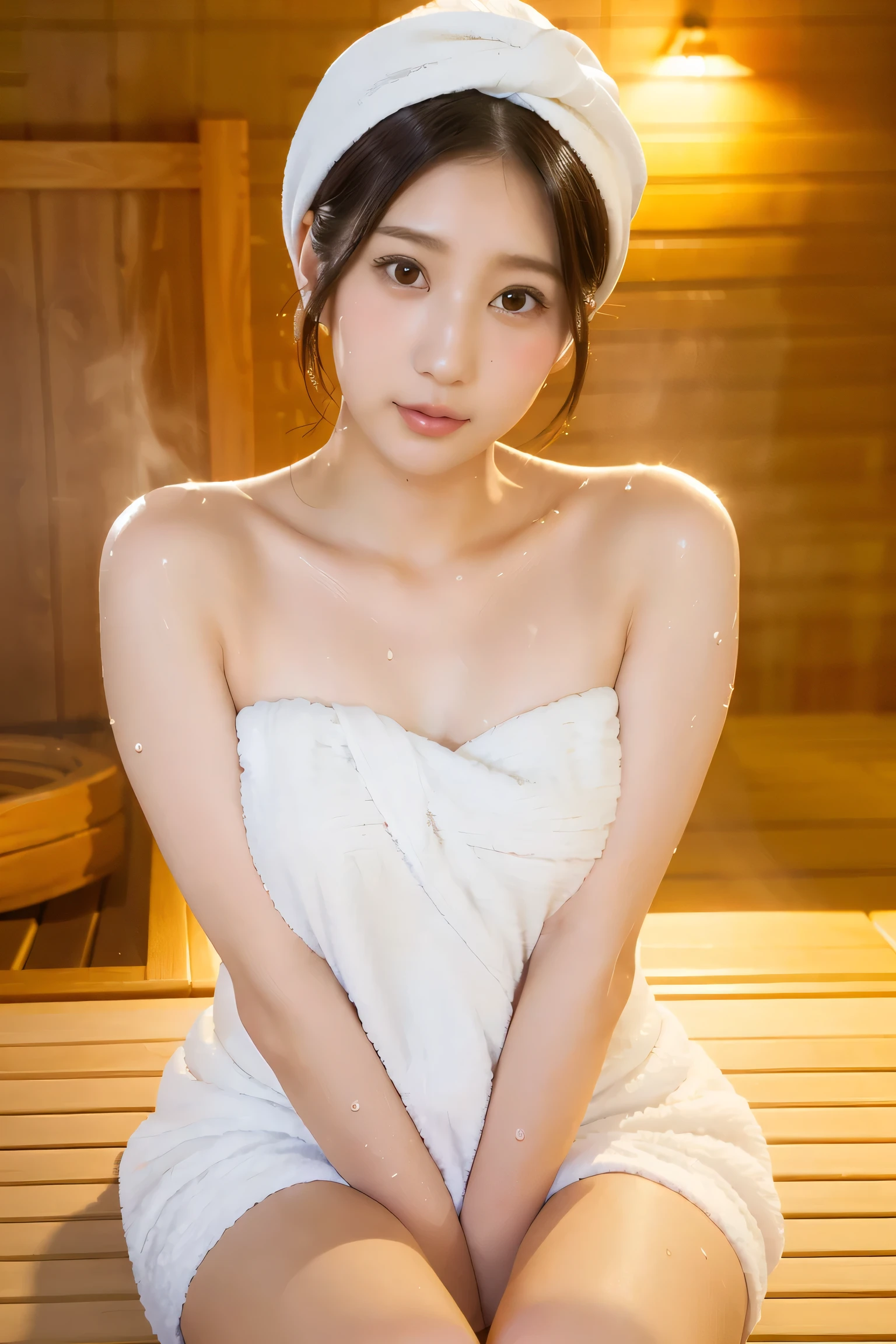 (2 girls in)、Big breasts、breastsout、sun burn、Sweat muscles、Short straight blonde hair、(bath towels:1.5)、(Naked towel:1.3)、Wrap one bath towel around your body、Bath towel,((Onsen style:1.3))、Punk Girl、(Fold your hands behind your head:1.3)、cleanness、Nipple peen、Carefree smile、((strong breeze))、cleavage of the breast、Midsummer beach、shaking boobs、Mole in the mouth、