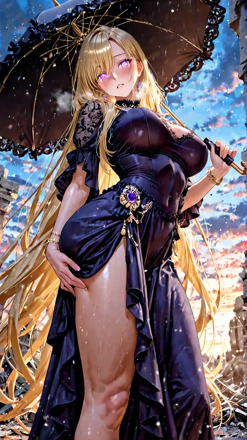 (masterpiece), (looking at pov), golden katana, (oversized clothes:1.2), miniskirt, ((dark clothes)), choker, (bandaged hands), (dark coat with ornate golden embroidery, golden embellished), (white hair, golden streaks on hair), yellow eyes, thigh strap, (neo city), (clouds), add_detail:1, hair over eyes, hair over one eye, gigantic boobs, tits, hyper largest_breasts!! with the type of boobs_melons, (back view:1.5), ass, butt, booty, beautiful ass, bubble butt, from behind