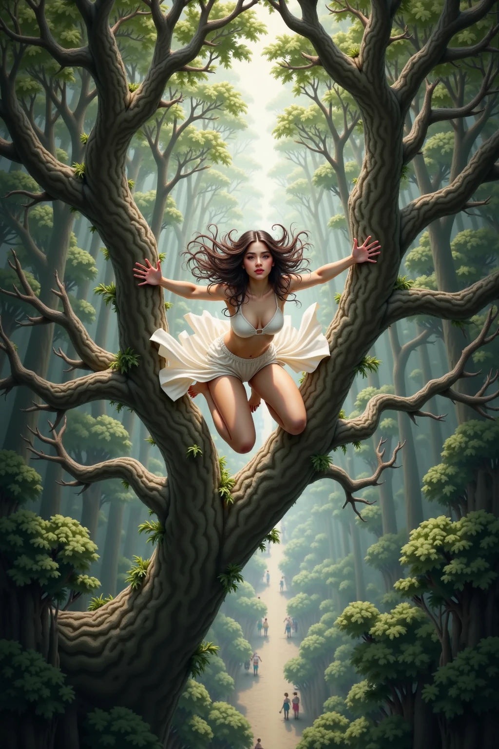 Albomorph The embrace of a woman's body turns into a lush tree, Roots as legs, Arm-like branches, Some leaves fly on a white background,l