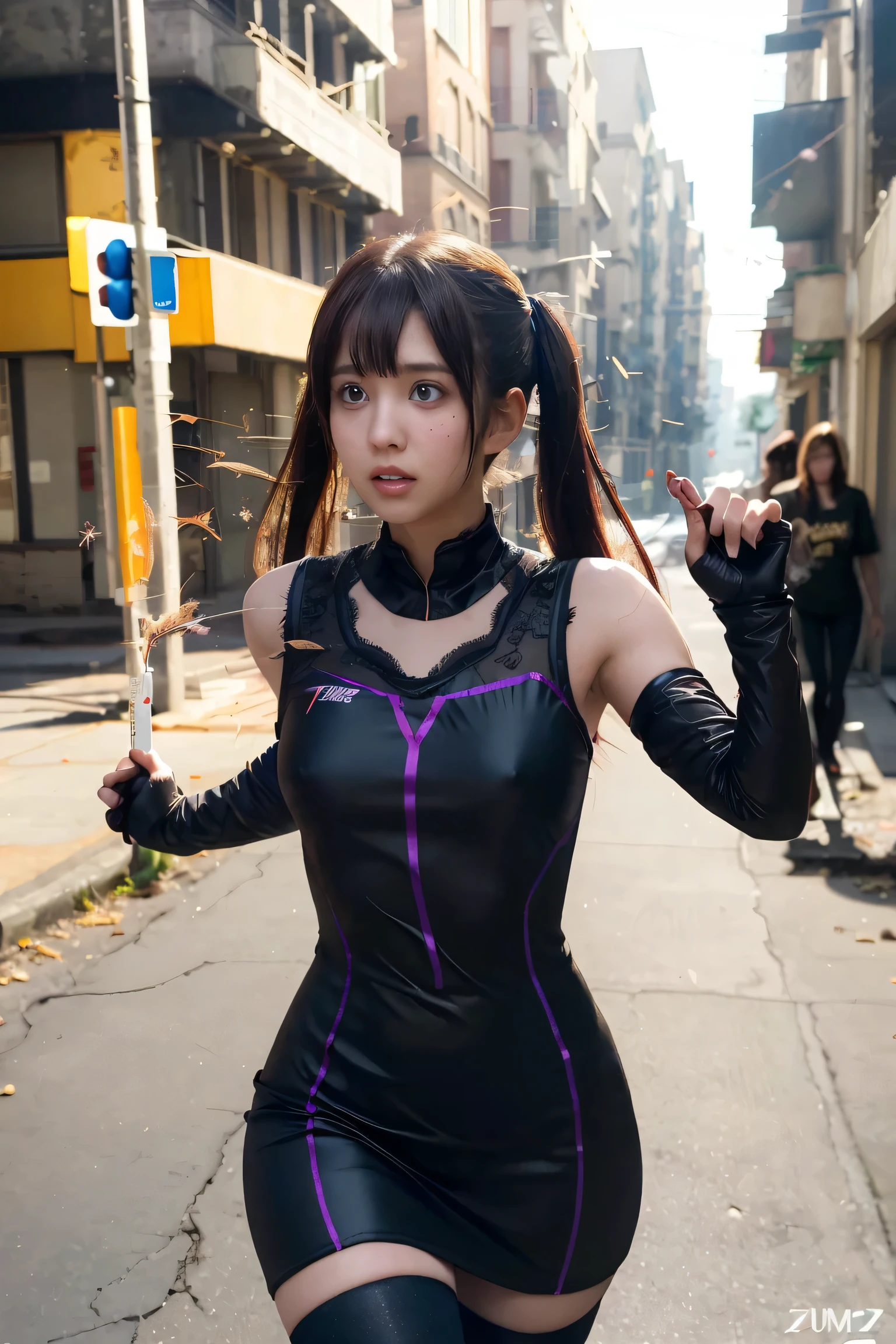 masterpiece, best quality, a girl with messy hair, dark red hair, dark purple highlights, action pose, dynamic angle, dark shadows on hands, holding flowers, flower in hair, close up, long hair, low twin tails, swept bangs, gray eyes, gloves, elegant pose, looking away, shadows over eyes, expressionless, portrait, action pose, dynamic angle, long swept bangs, ornate dress, dark dress, gold trim, black leggings, hair ribbons, mantle, dusk, holding walking cane, swinging cane, dusk, shadowy aura, dark aura, ((zombies, beating up zombies, different sized zombies)), post-apocalyptic, street, cracked asphalt, weeds growing out of asphalt, city ruins, smoldering ruins, buildings covered in vegetation, dynamic illustration with explosive radiating speed lines emanating from behind her, high contrast with selective dark purple color accents, dramatic composition with ink splatter effects and motion blur., manga style with explosive effect,. dramatic lighting, speed lines, splash effect. ((dark theme))