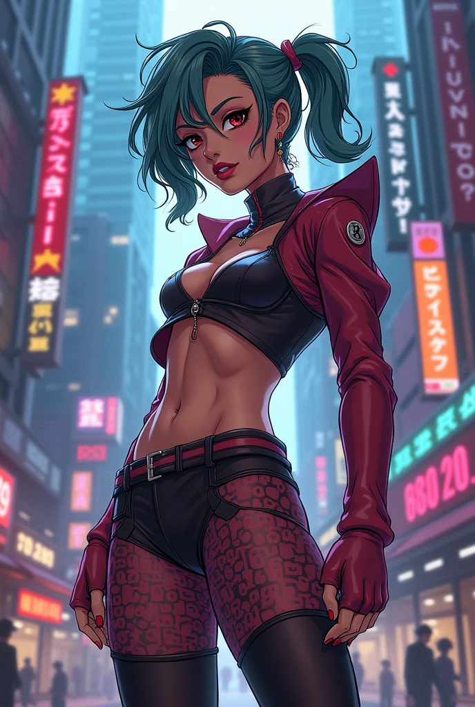 woman with medium length blue hair, в bikini, cyberpunk art, gothic art, cute aesthetic with atmosphere, Cartoon aesthetics, in a red suit, wear gothic accessories