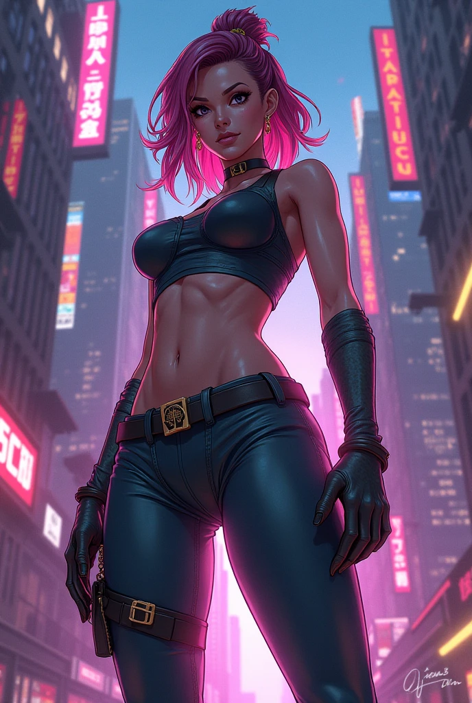 A LOFI STYLE GIRL IN A CYBERPUNK CITY with very big assets