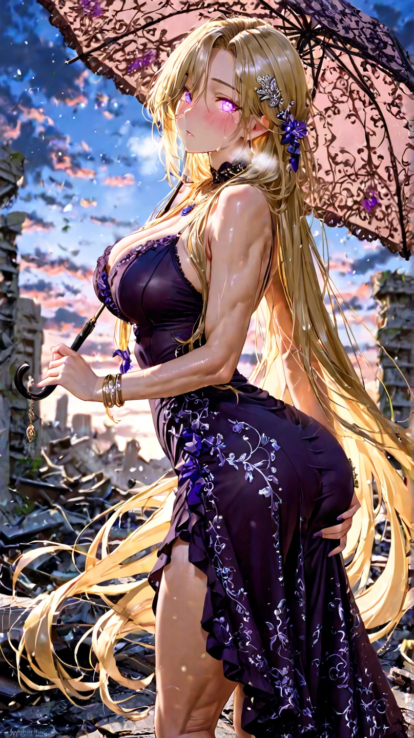 Giantess, long sexy legs, yellow hair, bikini, lying on the ground, city at her feet burns in flames for the destruction she has caused, tiny people climb on her body to try to defeat her uselessly. Giantess, goddess, macrophilia, curvaceous body, hentai, fetish, sexy legs, bikini, high heels, high quality, tiny people, people climbing body, giantess body, small people