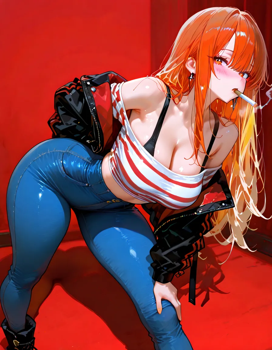 (masterpiece, best quality:1.2), 1girl, solo, denim shorts, boots, midriff,  cleavage, front-tie top, tied shirt, belt, underwear showing , orange hair, long hair, navel, ahoge, traditional media, shorts, beautiful long legs, bound to a chair with rope, mouth gagged, hands behind back 
