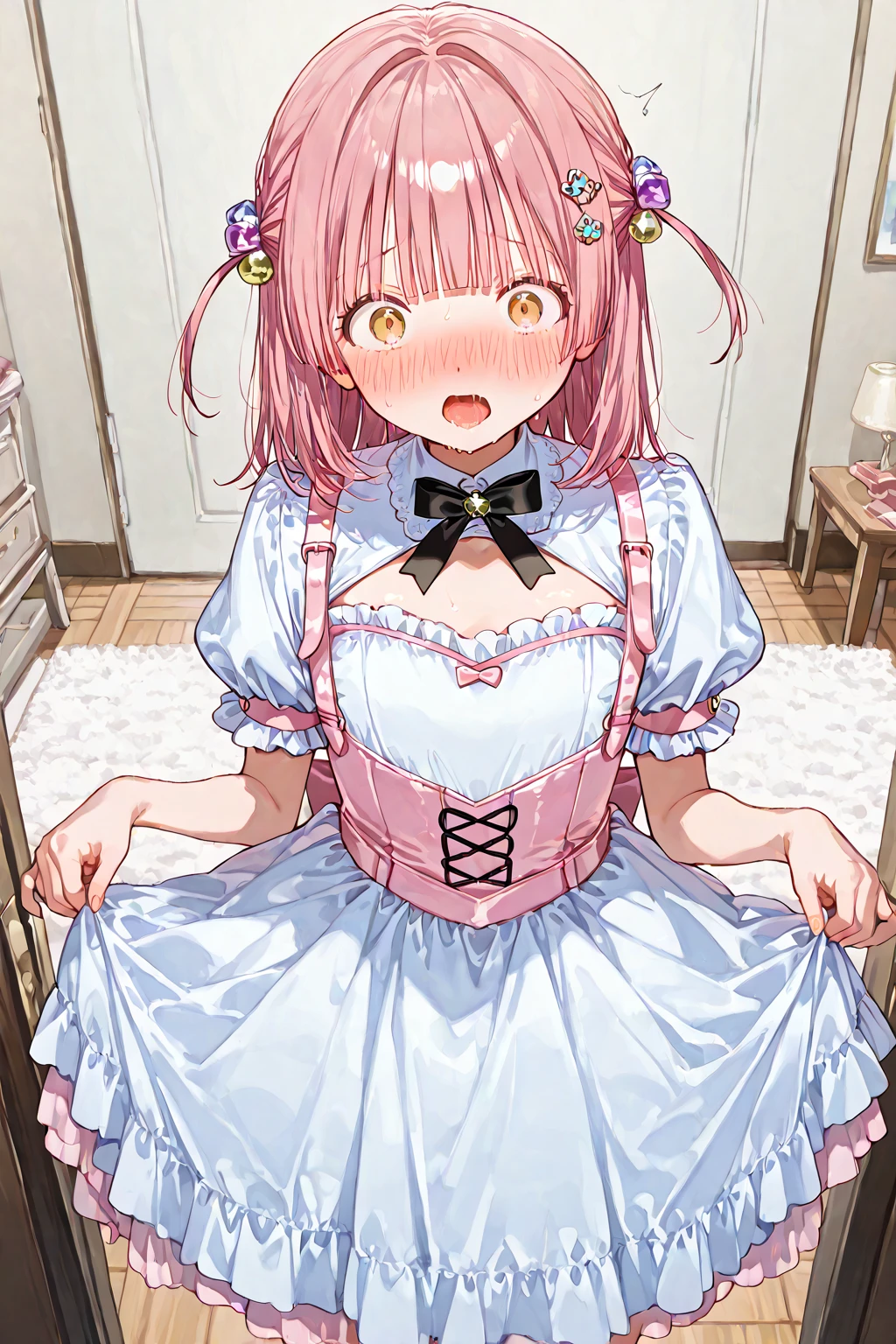 (best quality, masterpiece:1.2), illustrations, a cute girl, early teens, very lovingly face, small breasts, twintails, pink hair, maid wear, (skirt rift, white panties, panty shot), embarrassed, open mouth, livingroom, standing,