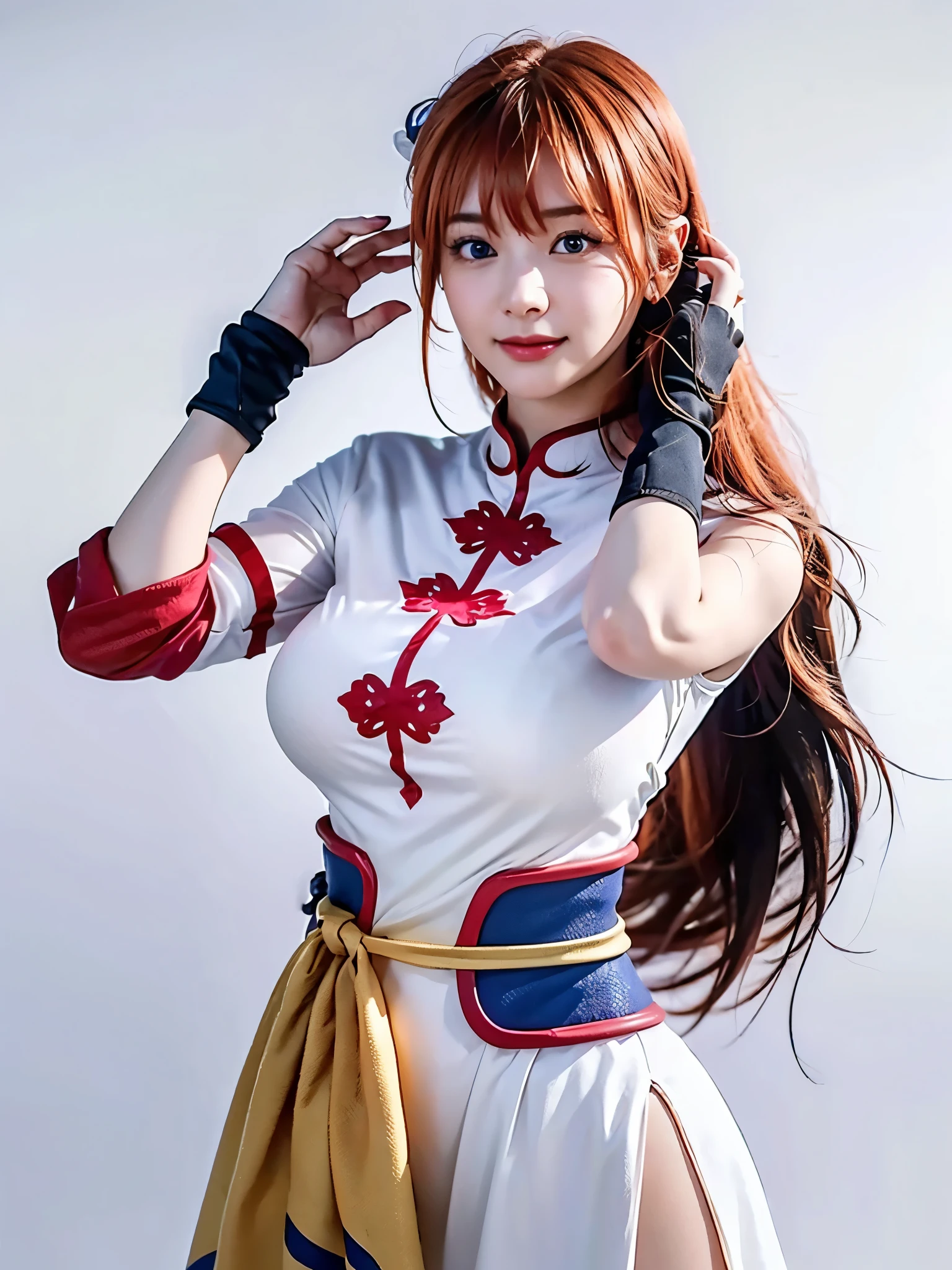 1girl, solo, cute chinese girl, smile, clear makeup, pink eye shadow, 
kgr2, 1girl, white dress, asymmetrical gloves, chinese clothes, side slit, black gloves, china dress, uneven gloves, (right hand gloves, left elbow gloves), thighhighs,
long hair, (light orange hair, diagonal bangs), (, pointy  :1.5),
cowboy shot, looking at viewer, (hands in own hair:1.35), Swayback stance, active pose, dynamic angle,
(masterpiece, best quality:1.4), (8k, raw photo, photo realistic:1.2), cinematic lighting, soft lighting,
, shiny skin, detailed skin, detailed face, detailed eyes,
((simple white background)),