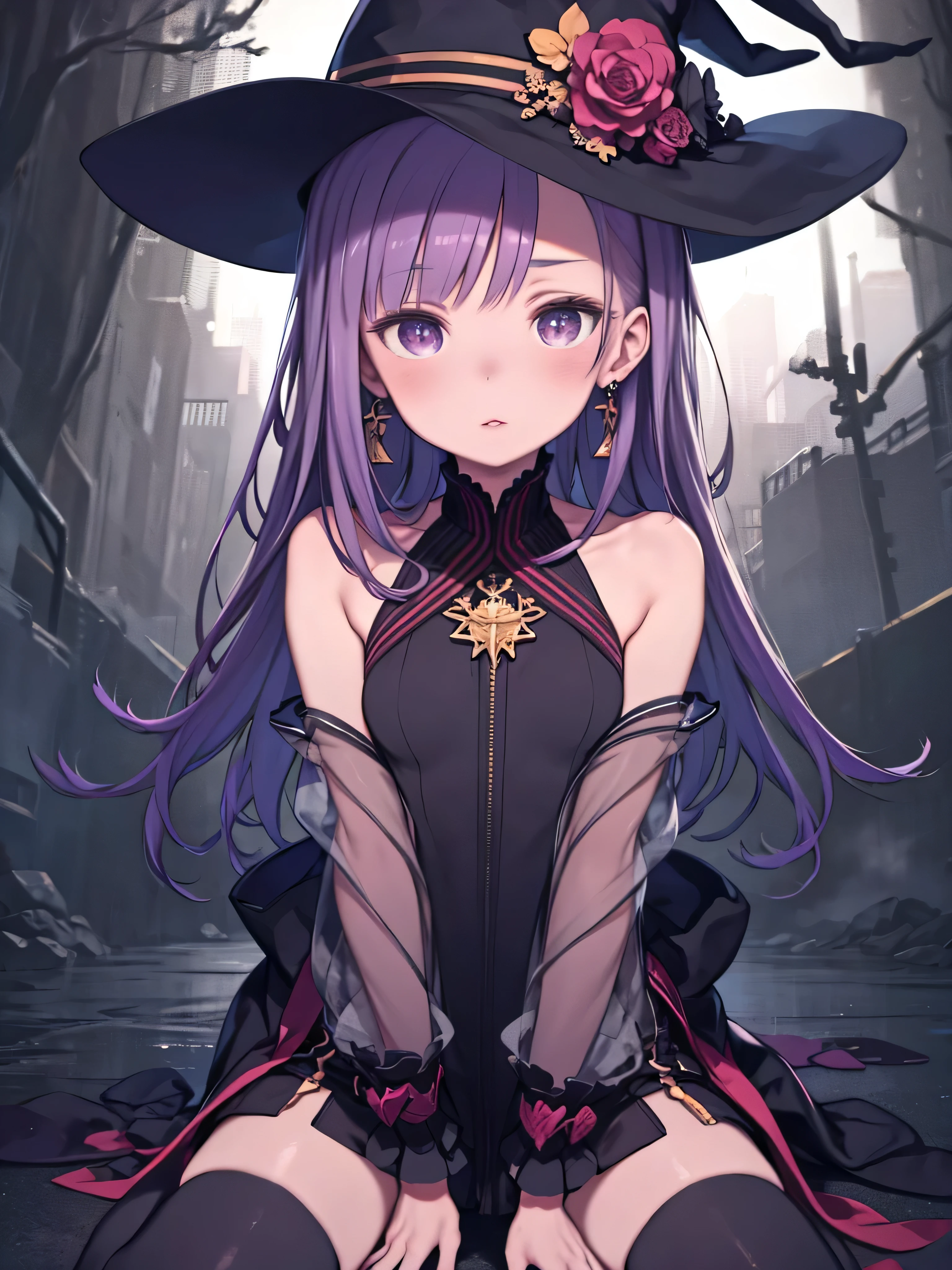 (obra maestra) (La mejor calidad) (Cara perfecta) in a pretty anime style. A funny and terrifyingly cute young woman dressed up as a witch on Halloween. She wears a long hat and an old broom, a black harness and a frilly skirt. She stands on a street at night with a mocking, evil expression. The street is dark but there are ornament lights giving a sinister and frightening look to the place. A little purple color. unreal engine. Luis Royo style. 3D art ((pechos grandes)) (cuerpo fitness)