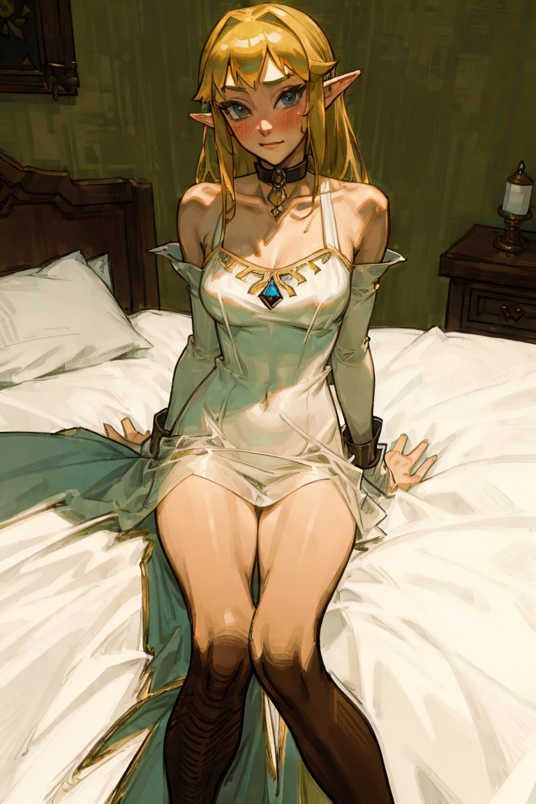 masterpiece, best_quality, (woman:1.8), (adult:1.67), solo, princess zelda, the legend of zelda, sksw, silk, white dress, large luxury bedroom, nightgown, short dress, collar, choker, (o-ring collar),(bare shoulders), blushing, (straight back), (legs together),(smiling:0.4),(blushing:0.7), (facing viewer), (looking at viewer), thin, translucent, see-through, stockings, sitting on edge of bed, (large breasts), (shy:0.7)