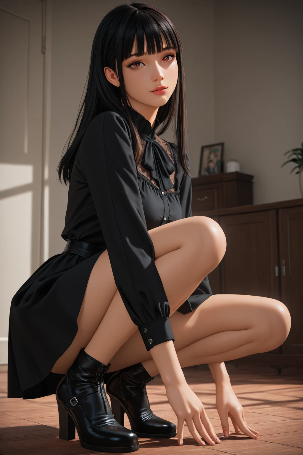 Ulzzang-6500-v1.1, (RAW photos:1.2), (realistic), (really:1.4), 1girl、very pretty girl、21 years old、game_nffsw, eye for detail, shy smile、business fashion、business suit、thighs and skirt、sit on a chair、Working、(very realistic pantyhose:1.2), Curly hair、realistic skin texture、glowing skin、exposed thighs!!! , assembly、eye shadow、