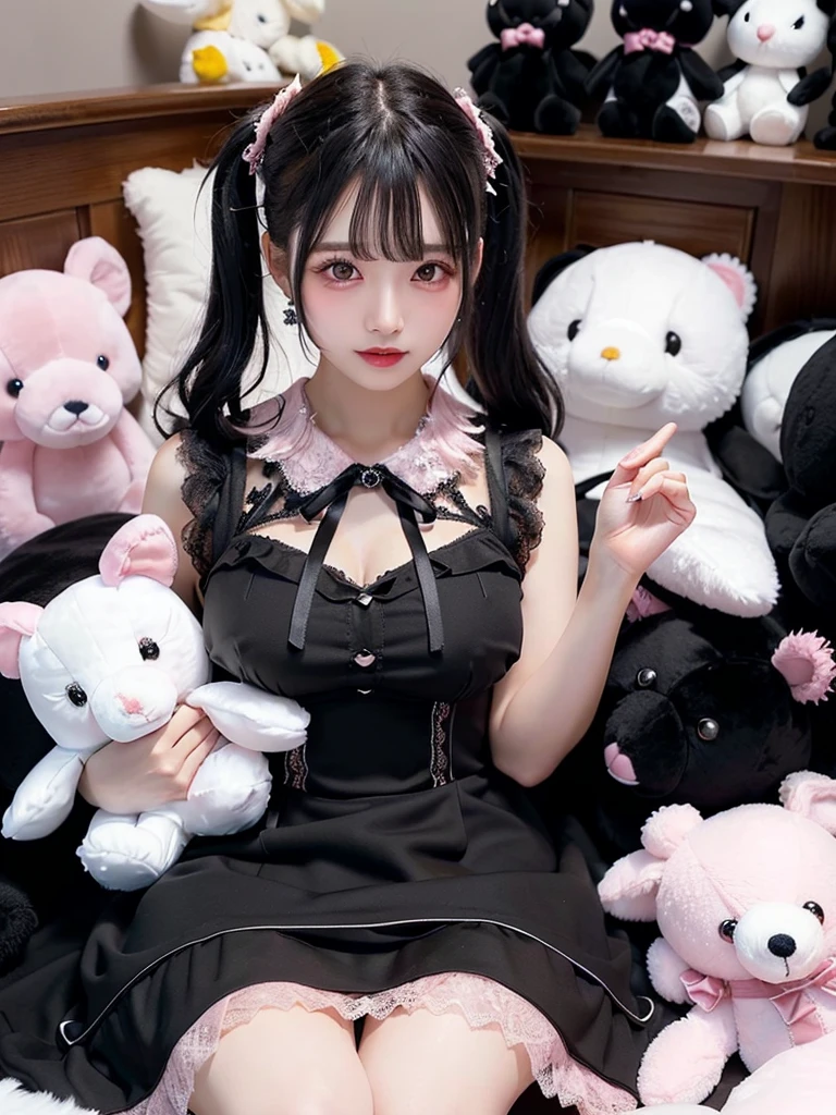 ((Highest quality)),(Ultra-high resolution),(Very detailed),(Detailed Description),((The best CG)),(masterpiece),Very detailedなアート、Small breasts 1.2、Whitening 1.5、(((Nude 1.5)))、Ribbon hair ornament、Twin tail hair、Glitter Necklace、Ultimate Beauty 1.5、(((Surrounded by countless stuffed animals 1.5)))、Black Hair、Open your mouth、(((Sit with your legs wide apart1.5)))