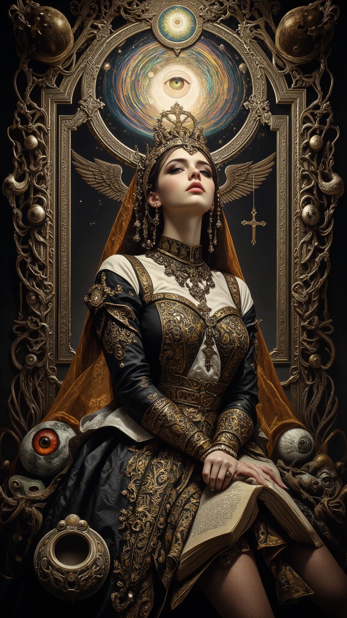 Surreal Painting, An extravagant, mysterious female figure dressed in intricately embroidered black and white medieval clothing that fits her form perfectly , A jeweled rosary necklace with a large crucifix rests on her shoulder,Allusions to a historical or religious background or past lives, her hands are tightly gripping a very ancient illuminated book of Alchemy glowing with ancient magics and Angelic Enochian magic, with arcane graphs and suggesting studiousness and contemplation, A number of abstract shapes and dragon heads, cyclops things and creatures of myth blend seamlessly around the mysterious figure's head,Set against a vivid , an alien cosmic montage of strange vistas of backdrop, Jagged iridescent geometric shapes, The background features celestial bodies such as planets and moons,Above these shapes are disarticulated eyes,Adding to the dreamy, mysterious atmosphere, The scene is set in a dark, expansive temple open to the sky, Suggesting a journey through time and space, The contrast of light and shadow, Fantastic Mood, A visually appealing piece, Deep symbolism, Various interpretations.6
