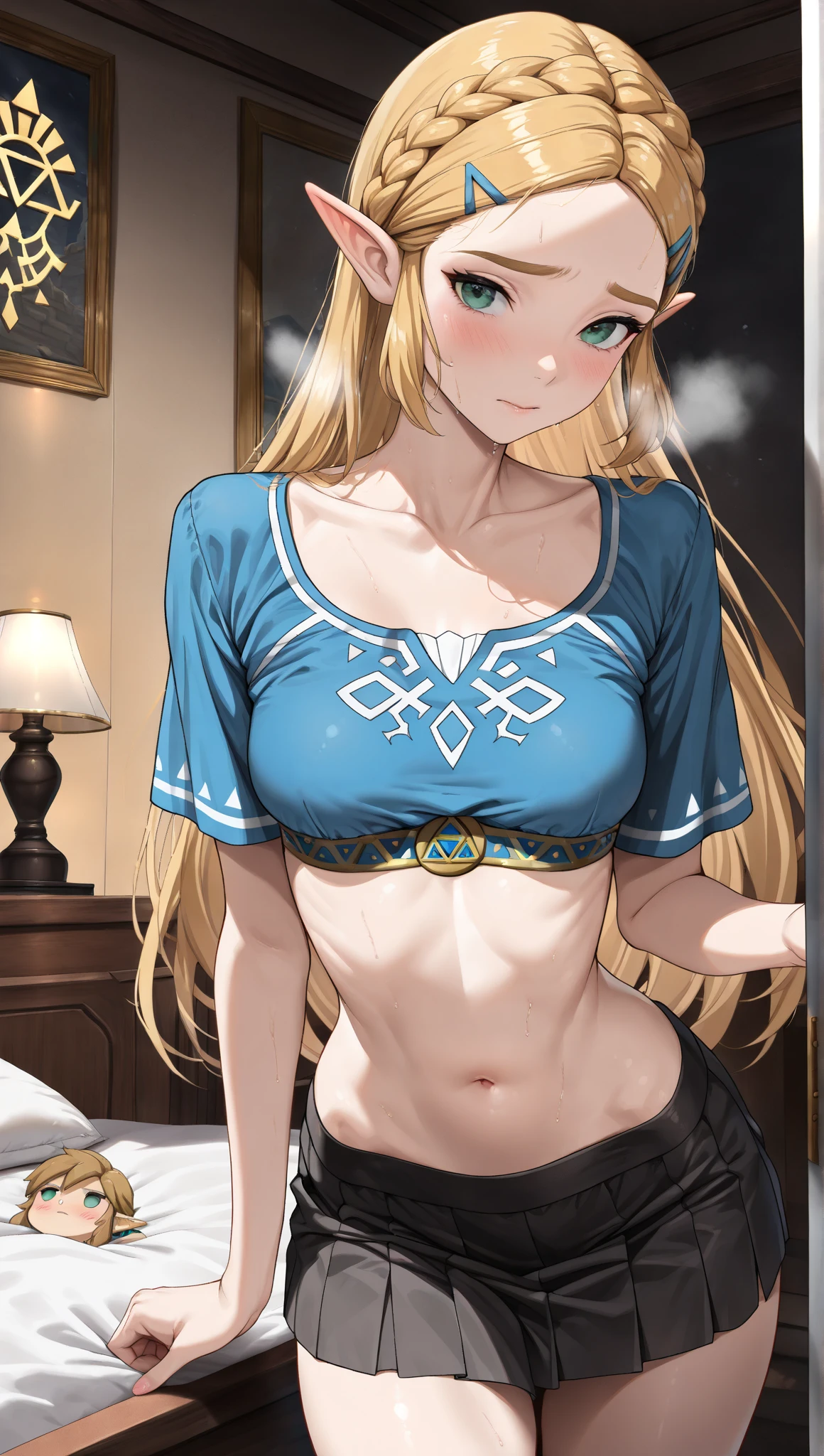 masterpiece,best quality,zelda\(princess\), 1girl, solo, large breasts, cleavage, smile, long_hair, lingerie
