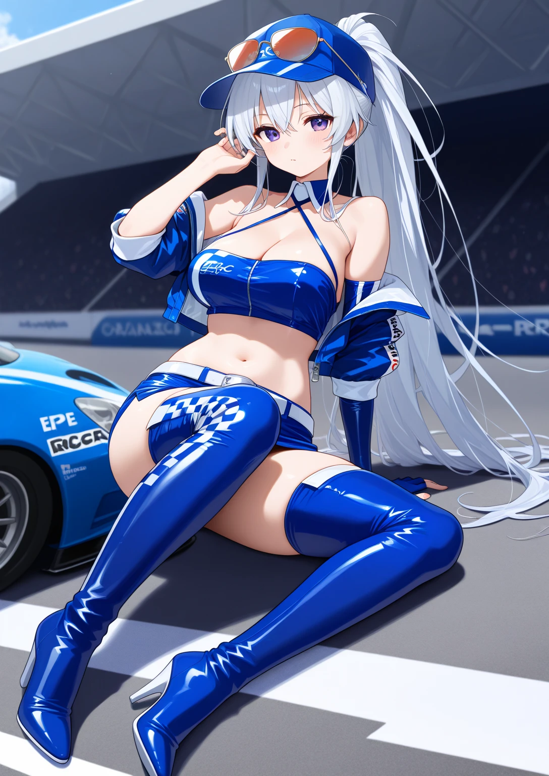 Highest quality、super high quality、16K, topless、Nipples、Sexy ass、Breast size is random、Facial expressions are random、Location is a road、 Hair color is blue、The pose is with her butt sticking out、The distance is random、Angle from below、Small face、Very delicate facial expressions、Delicate eye depiction、Highly detailed hair、Erotic、18-year-old female、Glowing Skin、Soft Skin、Lower Body、The only sexy Japanese woman、Race queen outfit random、Butt crack、Focus on the buttocks