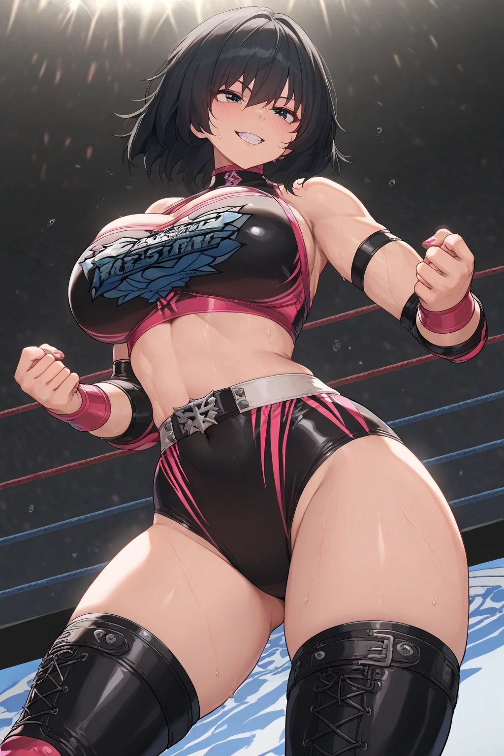 Female professional wrestlers,mature woman,sensual figure,smile、trophy、Roar of Victory、Sweat、Tiredness、great joy、microphone、Swing your arms up