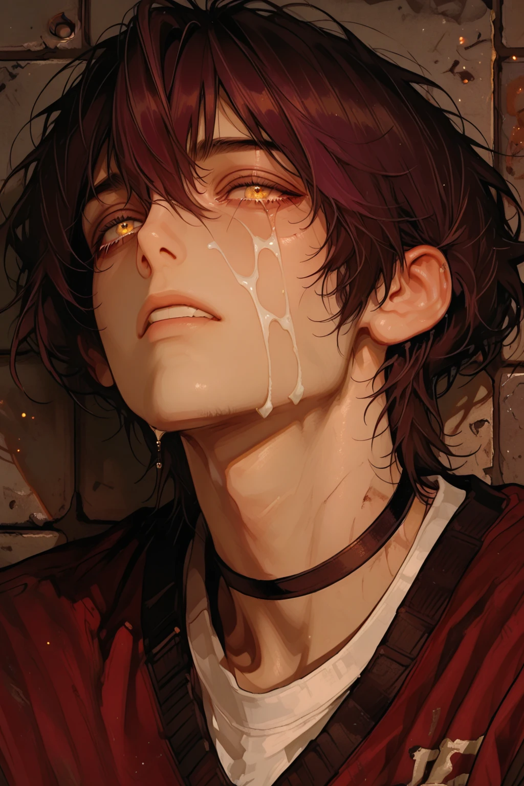 (masterpiece:1.3), (8k, Realistic, RAW Photos, highest quality: 1.4), Absurd, Charm, Ultra-high resolution, Ultra-realistic, Very detailed, Golden Ratio, (Realistic), (Best Shadow), Low contrast, (Complex:1.4), Side lighting, 8K, Beautiful Face, (Realistic Face), Beautiful hairstyle, Realistic eyes, Beautiful fine details, (Realistic Skin), Beautiful Skin, (One girl), ((Sasha Calle)), ((SUPER GIRL)), (Accurate hand and finger depiction), Supergirl Women, ((Red cloak)), (Black Hair, Handsome Short:1.3), ((Are crying:1.0)), (Frowning), ((Mouth open:1.3)),(Frightened expression:1.2), (Flushing) , (Sweat), NSFW ((fellatio)), ((Giving a blowjob)), (Blowjob face), deep throat, ((cum on face:1.3)), (cum on mouth:1.2), BREAK (1boy, 1penis:1.1), real penis, ((Thick penis:1.0)), (projectile cum:1.4, excessive cum:1.5), ((Bust Shot))
