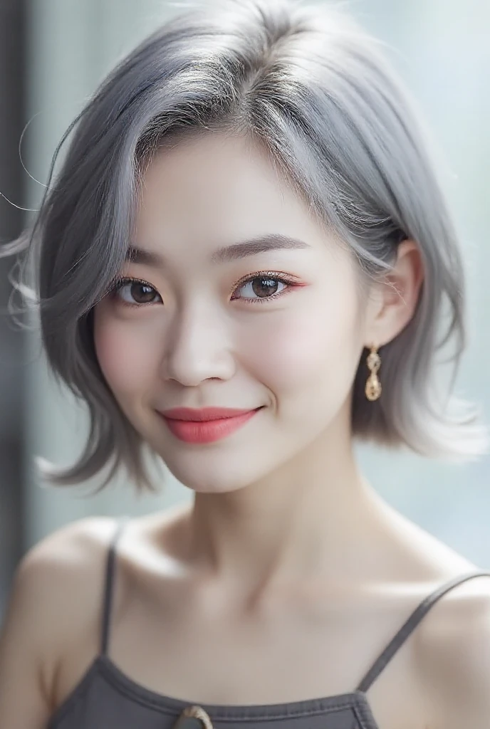 (realisitic, Photorealsitic:1.5), (top-quality:1.5), (超A high resolution:1.5), (ultra-detailliert:1.5), (masterpiece), hyper realisitic, (Bright lighting from front:1.), (japanes), (1a person:1.5), (Beautuful Women),(The upper part of the body:1.5),(cute smile face), (Double eyes), (Half a month later:1.5), (Sauce order:1.5), (Thin makeup), (Short layered hair:1.5), (Silvery hair)