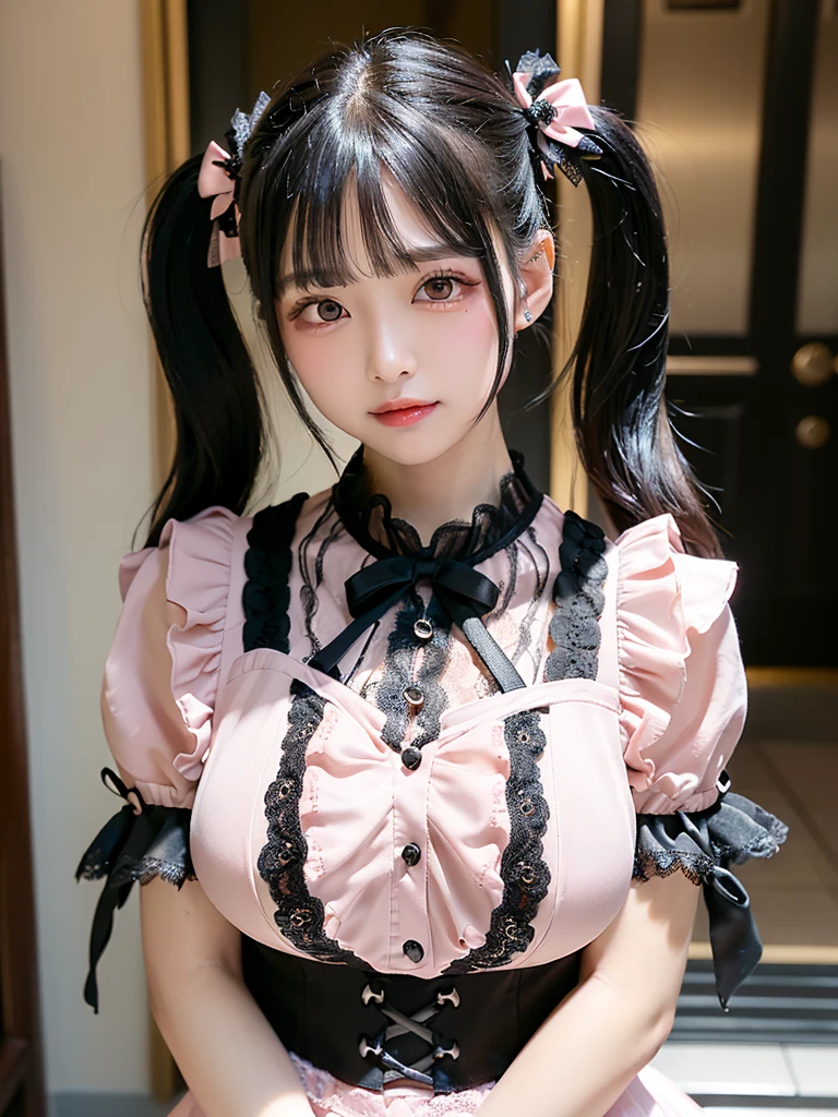 masterpiece:1.3), (High resolution:1.1), Detailed beautiful face, Detailed beautiful, (huge breasts, gigantic breasts:1.4 there is a woman in a pink dress sitting on a bench, girl cosplay, cosplay of a catboy! maid! dress, anime cosplay, cosplay, anime girl in a maid costume, maid outfit, gorgeous maid, , cat girl in a maid costume, oppai, full-cosplay, trending at cgstation, cosplay photo, korean girl, Korean sexy