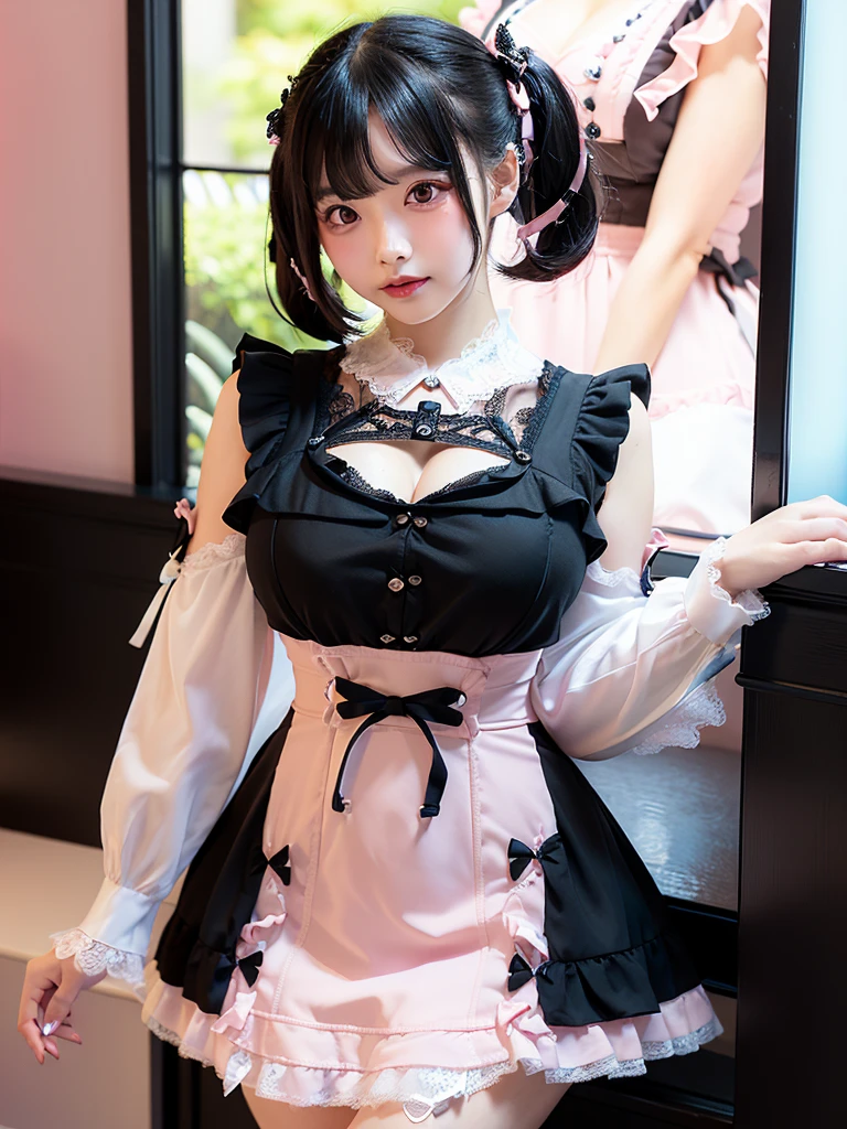 there is a woman in a pink dress posing for a picture, cybergoth, dressed in crustpunk clothing, harajuku fashion, wearing a dress made of beads, glamourous cosplay, harajuku street fashion, she looks like a mix of grimes, pastel goth, fantasy outfit, bubble goth, dollpunk, peach and goma style, y2k style