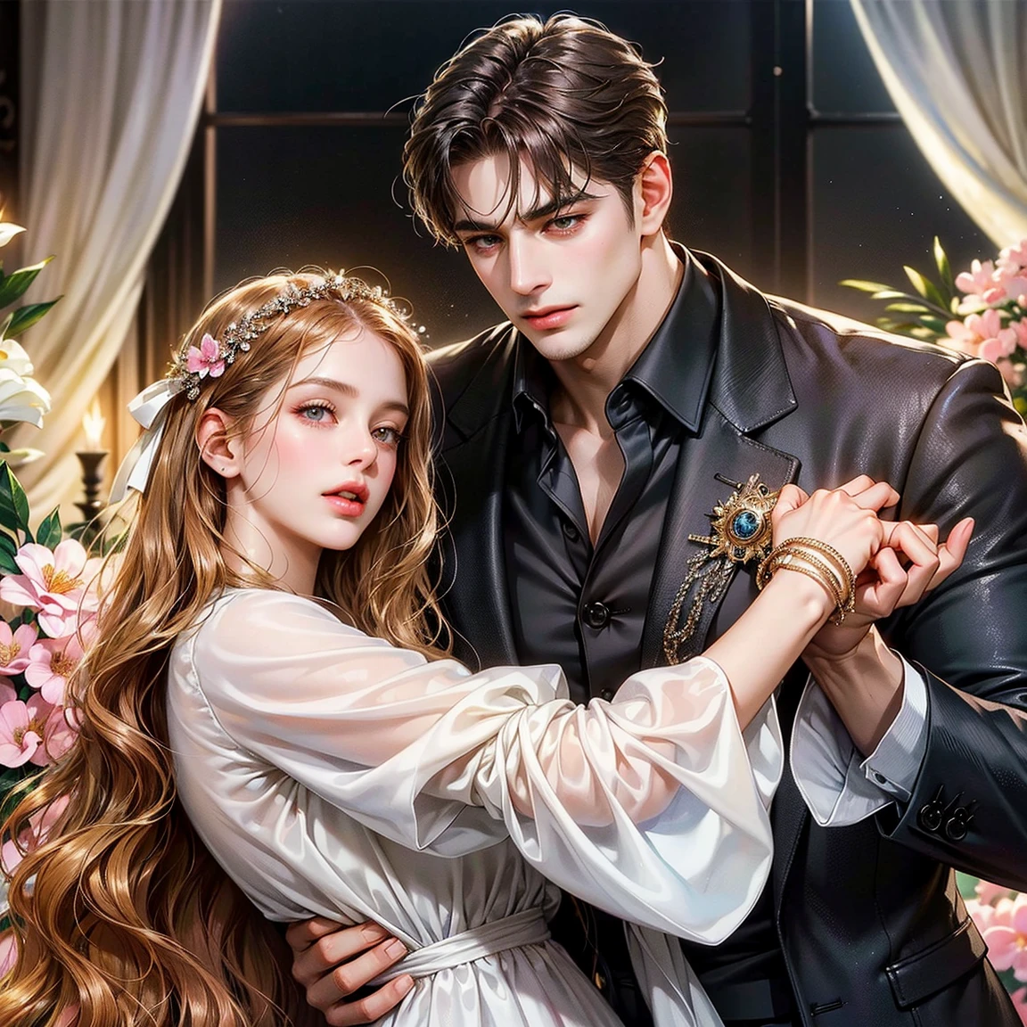 Couple, 1 girl 1 boy, different hair color, long long caramel hair, wavy hair, no bangs, brown eyes. Naked with exposed penis, Short brown hair, wavy hair, sky blue eyes, height different, detailed eyes, face, hand. They look at the viewer. Black background. They are having romanic sex