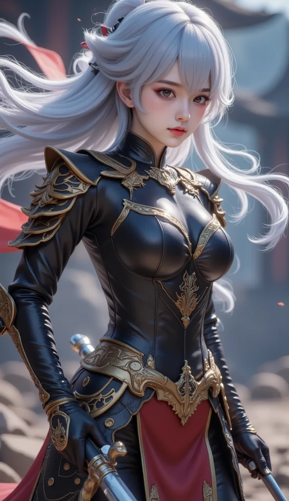 {beutiful girl, ((25-year-old girl with very slim body, Machinist corps:1.5)}, Thin legs, fine grain, white long hair, Detailed fingers, thin, Sexual, ??????? facial expression, (Super big bouncing firm bust:1.3), (sexy see-through mechanical suit, scarlet lined long cloak from shoulder, The chest part of the suit is widely open, Chest exposed:1.5), lakeside, (sexy dynamic posing, sneer:1.3), (in battle:1.5), { (bloody, many decapitated corpses:1.5), on top of hill, wide view, (spooky, creepy, big blood moon, moon night:1.3)}