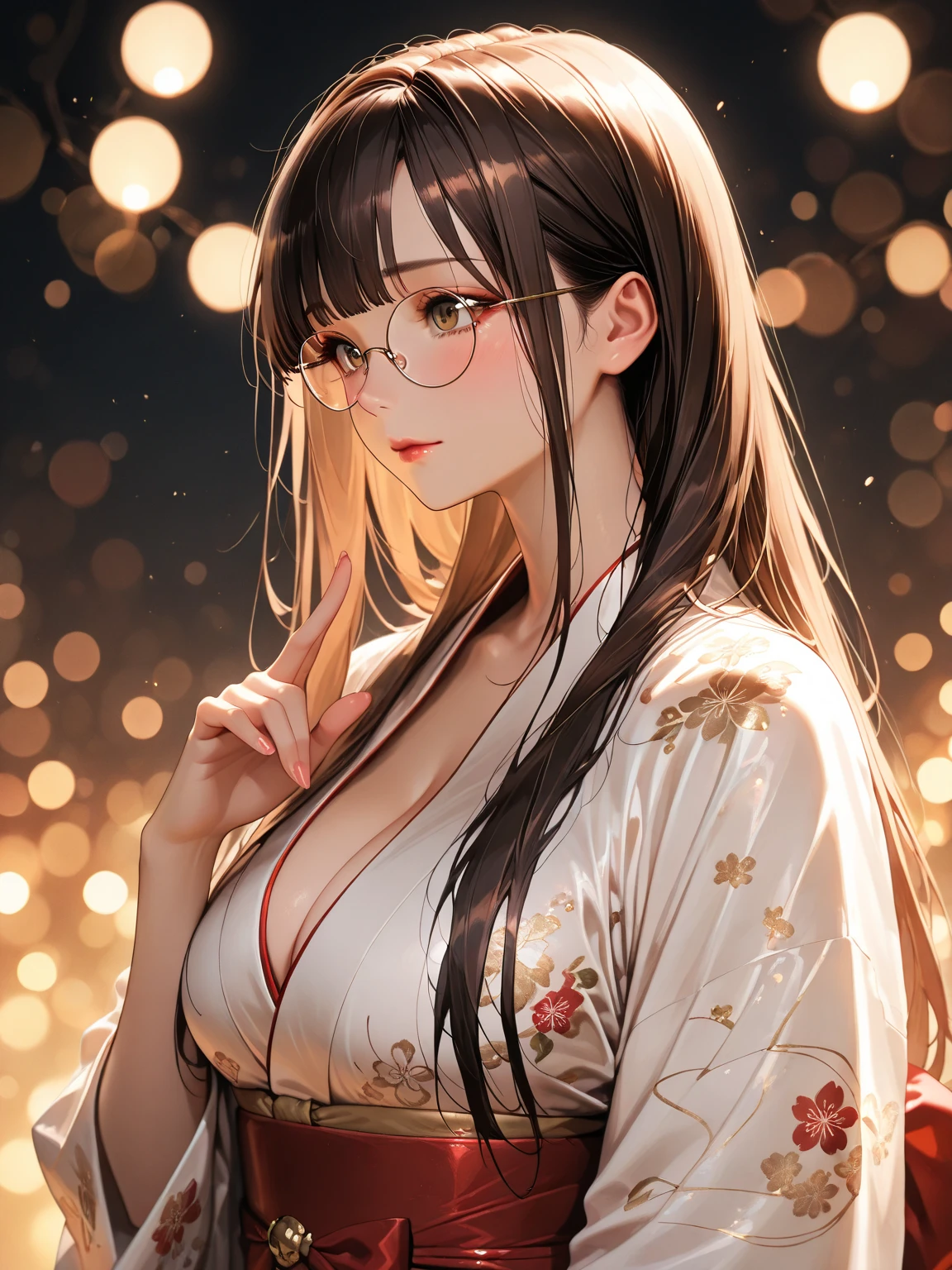 1 girl, glasses, big breasts, loose dark yukata, loose hair, smiling at you, sexy pose, blush, night light, detailed face, beautiful eyes, detailed hand, long eyelashes, detailed lips, detailed skin, intricate details, elegant, beautiful lighting, cool colors, cinematic, soft focus, photorealistic, masterpiece, 8k, ultra-detailed, (best quality, 4k, 8k, highres, masterpiece:1.2), ultra-detailed, (realistic, photorealistic, photo-realistic:1.37)