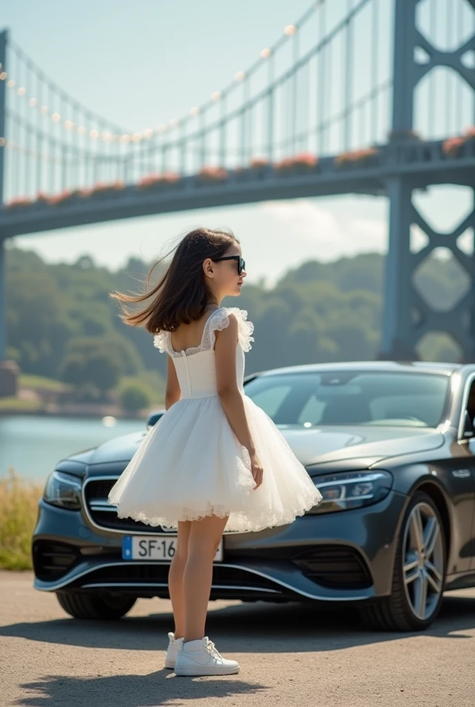 8K, of the highest quality, 8-10 year old European girl,drives car in black tutu ballet, white pantyhose, Audi A7, sitzt vor dem Lenkrad, runs over a deer and dies